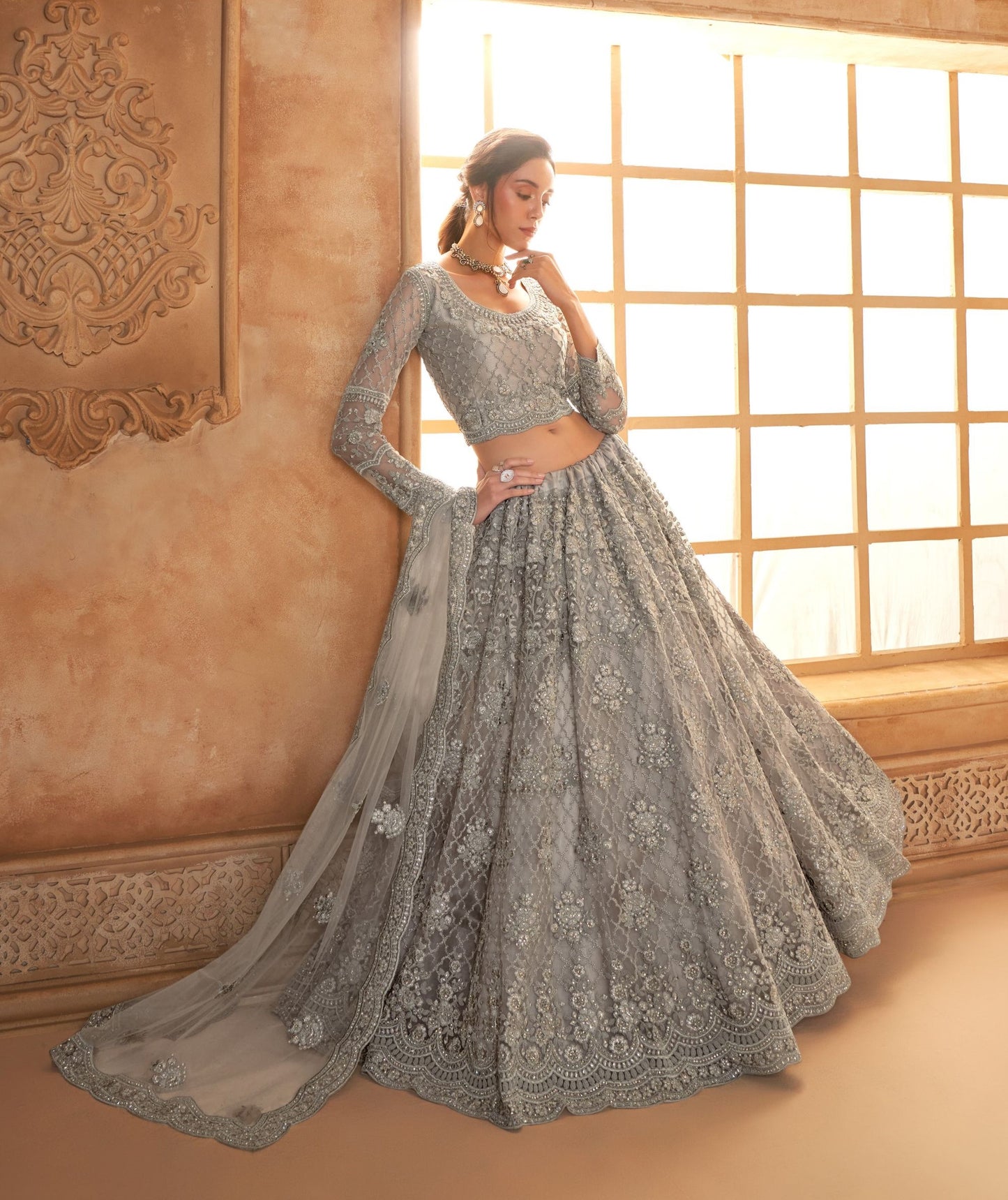 Light Grey Heavy Diamond & Floral Embroidered Net Lehenga Choli