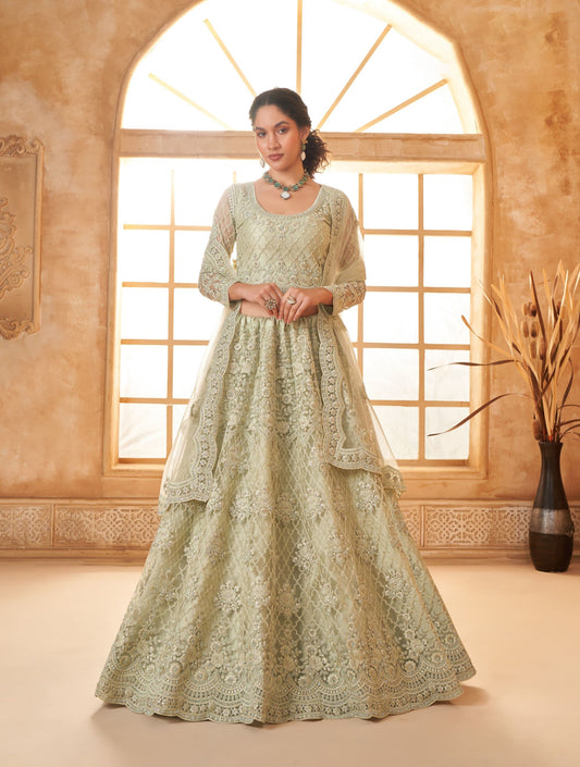 Pista Green Heavy Cording Embroidered Net Reception Lehenga Choli