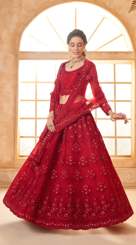 Red Heavy Thread Embroidered Net Bridal Lehenga Choli