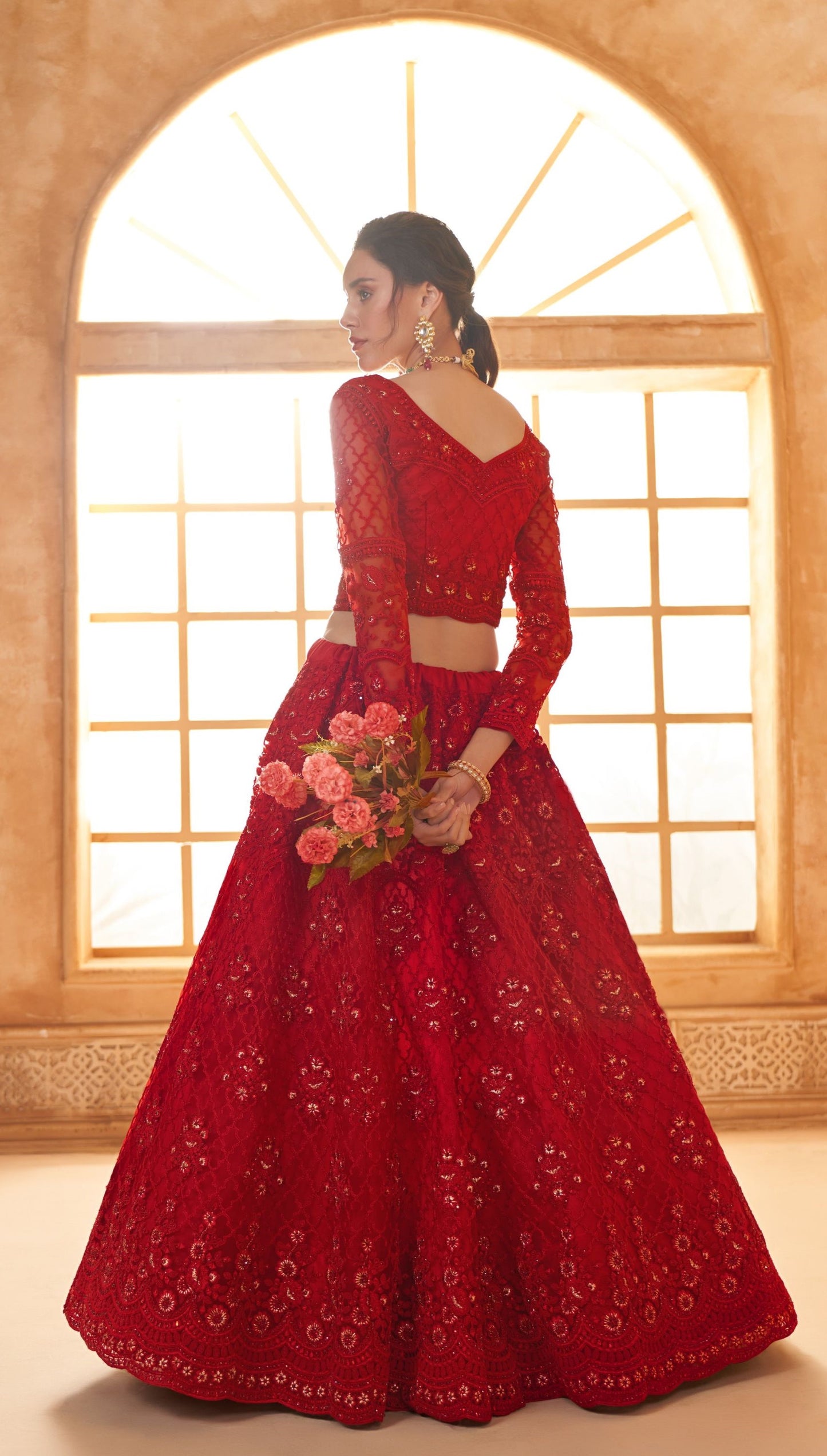 Red Heavy Thread Embroidered Net Bridal Lehenga Choli