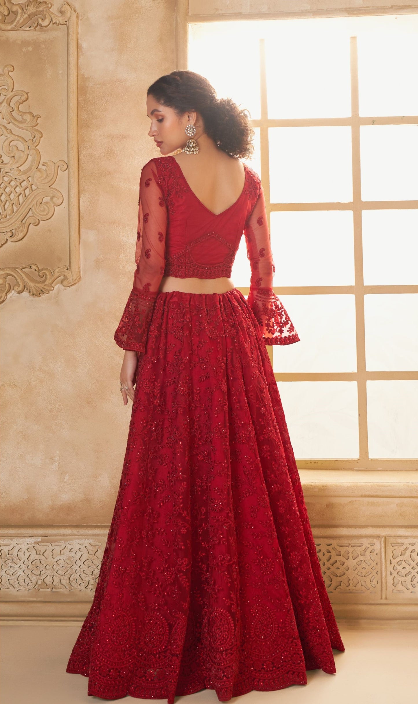 Red Heavy Floral Embroidered Net Bridesmaid Lehenga Choli