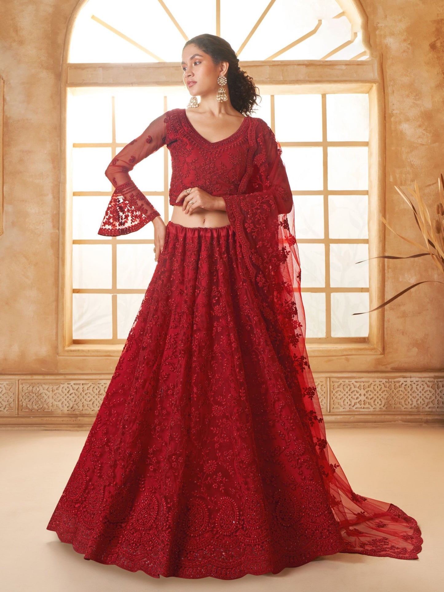 Red Heavy Floral Embroidered Net Bridesmaid Lehenga Choli