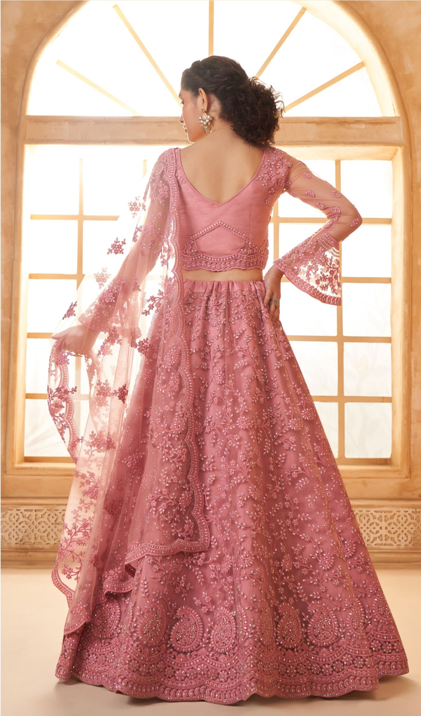 Dusty Pink Heavy Floral Embroidered Net Bridesmaid Lehenga Choli