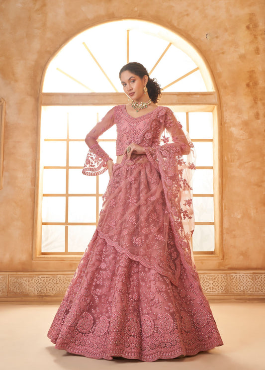 Dusty Pink Heavy Floral Embroidered Net Bridesmaid Lehenga Choli