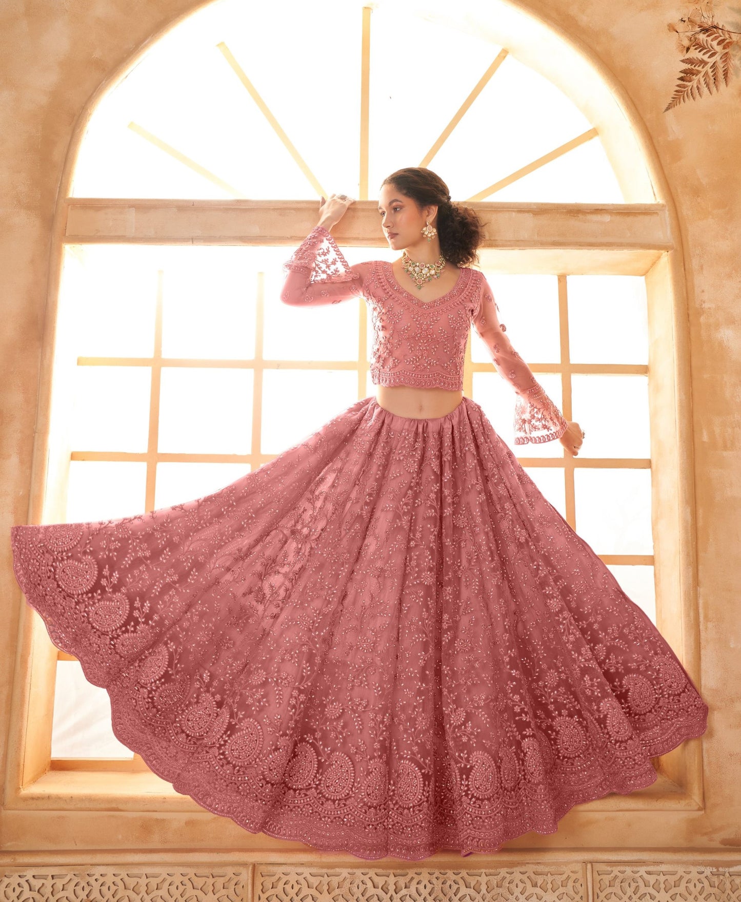 Dusty Pink Heavy Floral Embroidered Net Bridesmaid Lehenga Choli