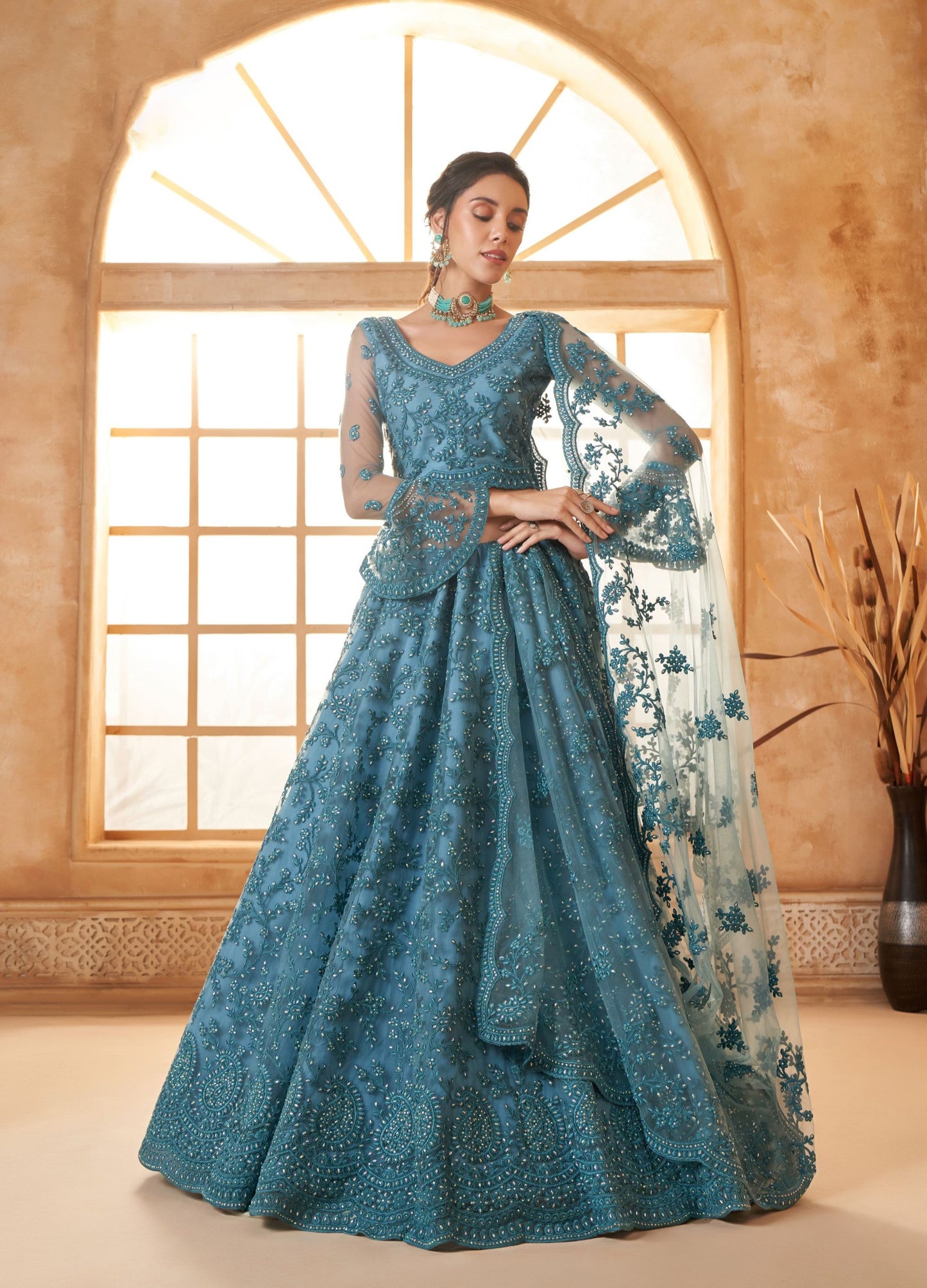 Blue Heavy Cording Embroidered Net Reception Lehenga Choli