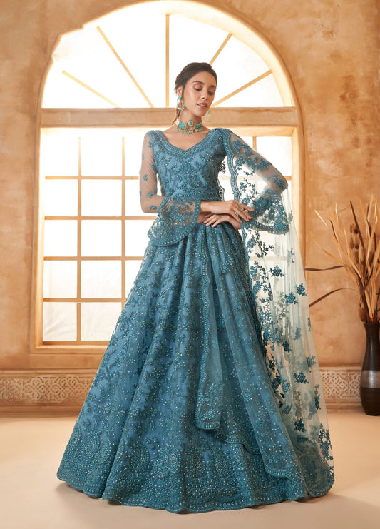 Blue Heavy Cording Embroidered Net Reception Lehenga Choli