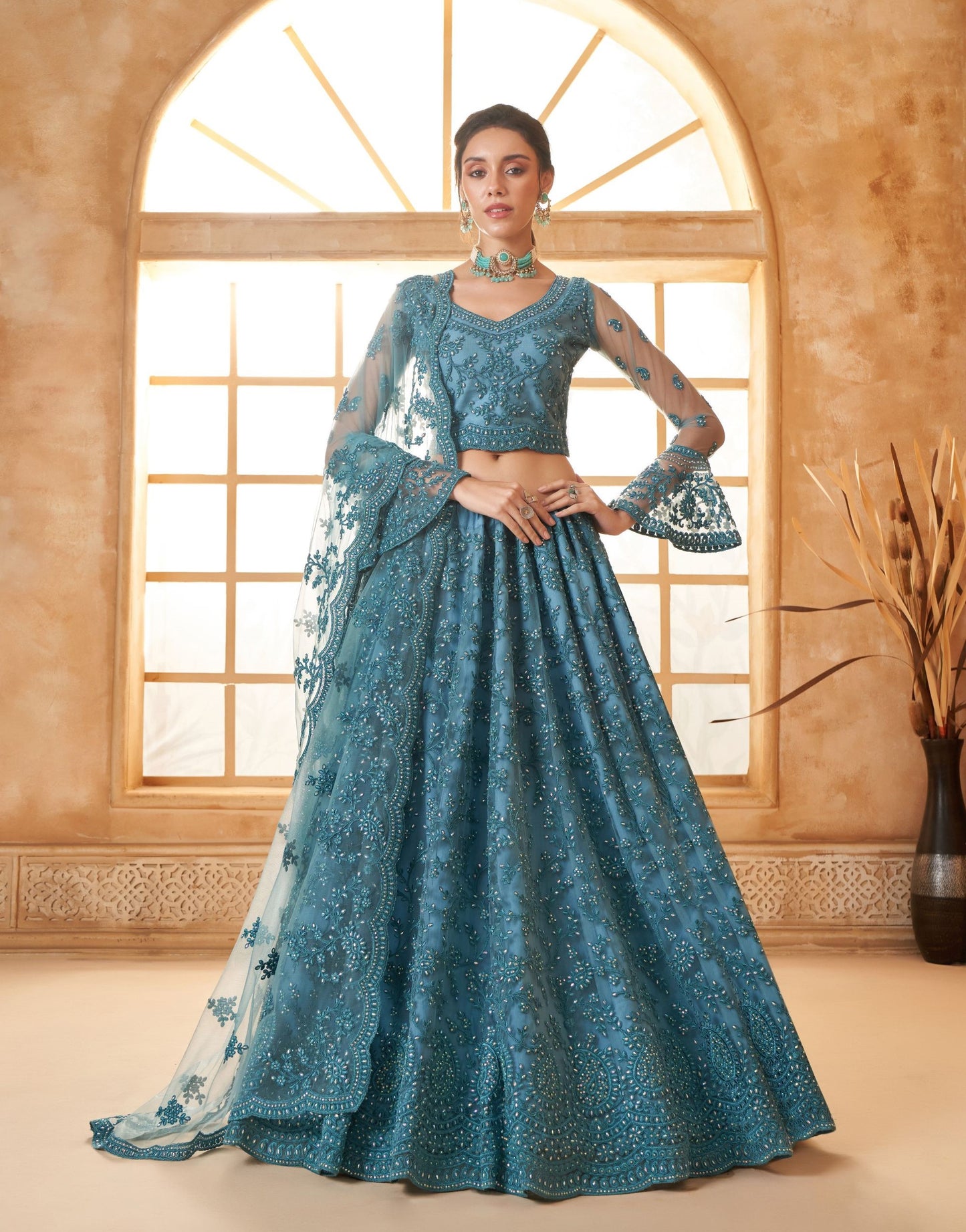 Blue Heavy Cording Embroidered Net Reception Lehenga Choli