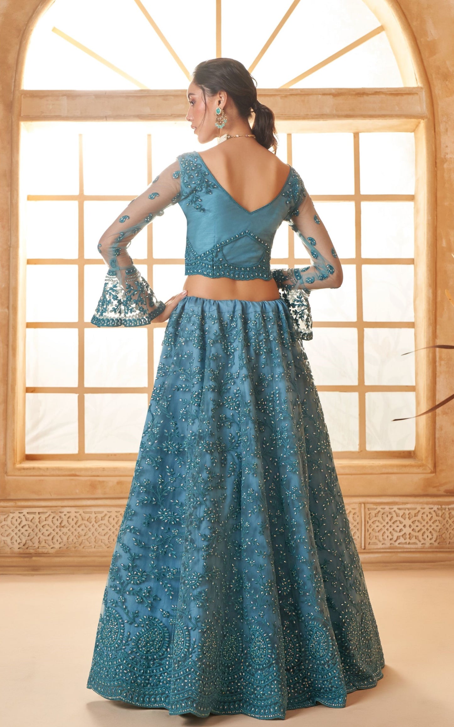 Blue Heavy Cording Embroidered Net Reception Lehenga Choli