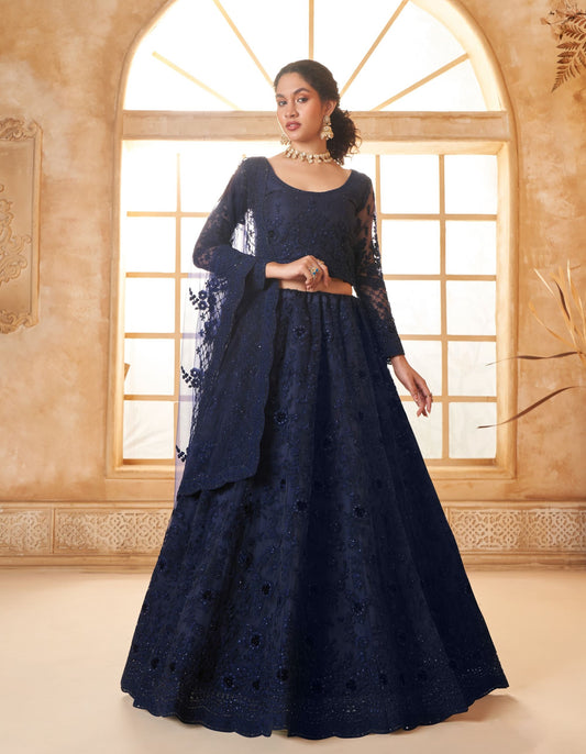 Blue Net Embroidered Stone Work Lehenga for Wedding