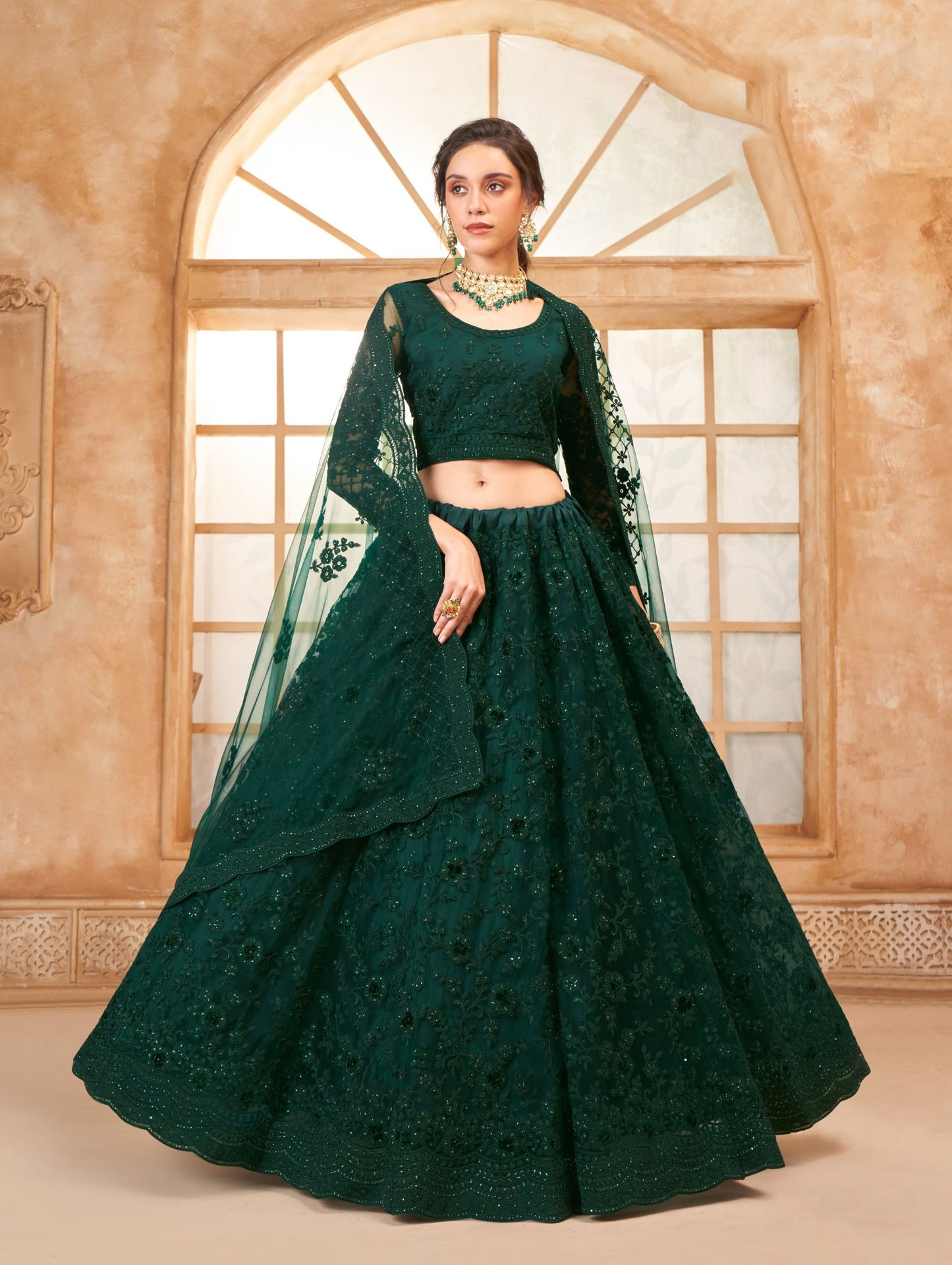 Green Net Embroidered Stone Work Lehenga for Mehendi