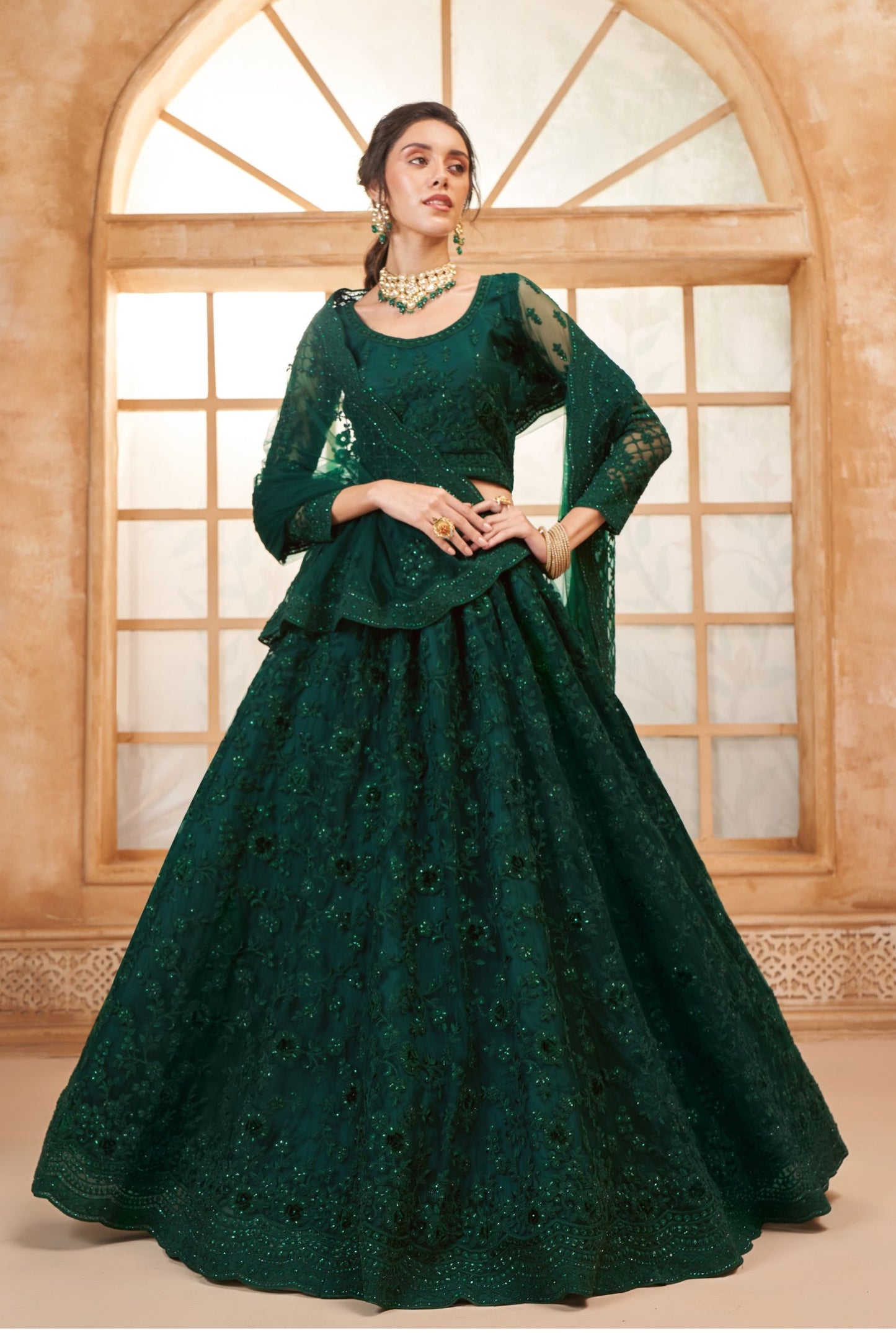 Green Net Embroidered Stone Work Lehenga for Mehendi