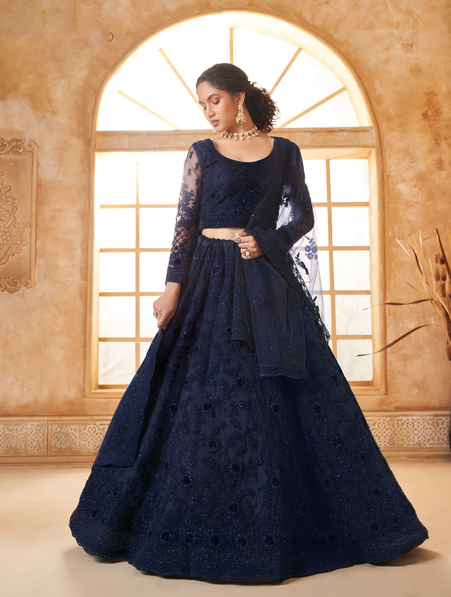 Blue Net Embroidered Stone Work Lehenga for Wedding