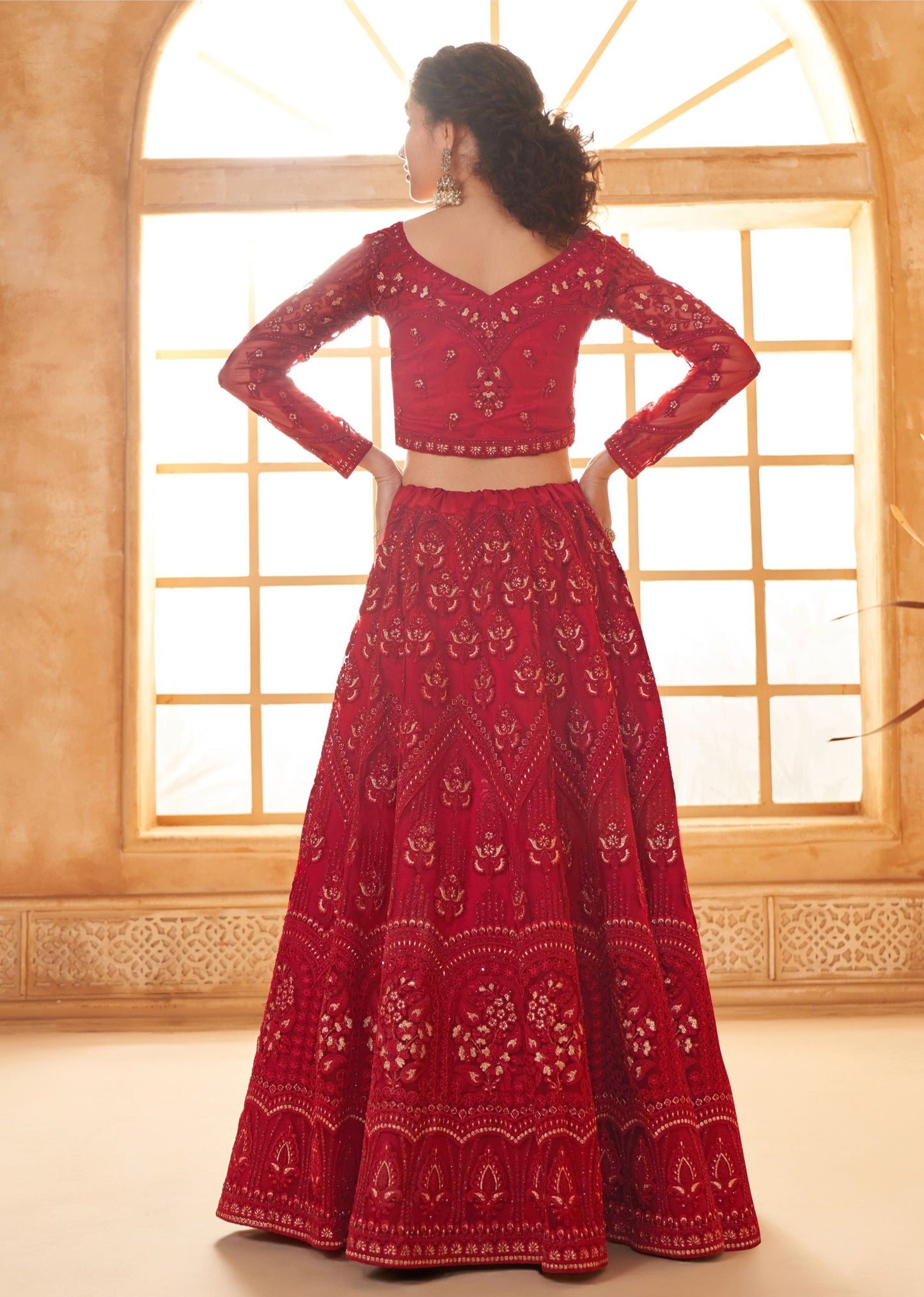 Red Soft Net Embroidered Wedding Lehenga With Diamond Work