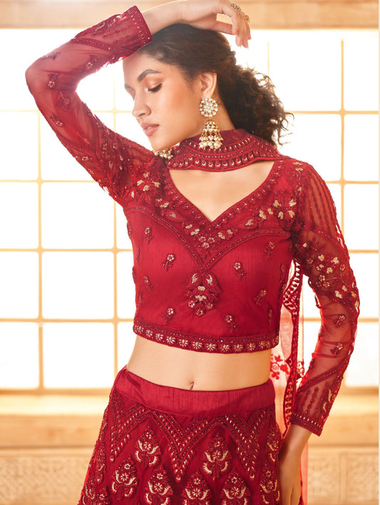 Red Soft Net Embroidered Wedding Lehenga With Diamond Work