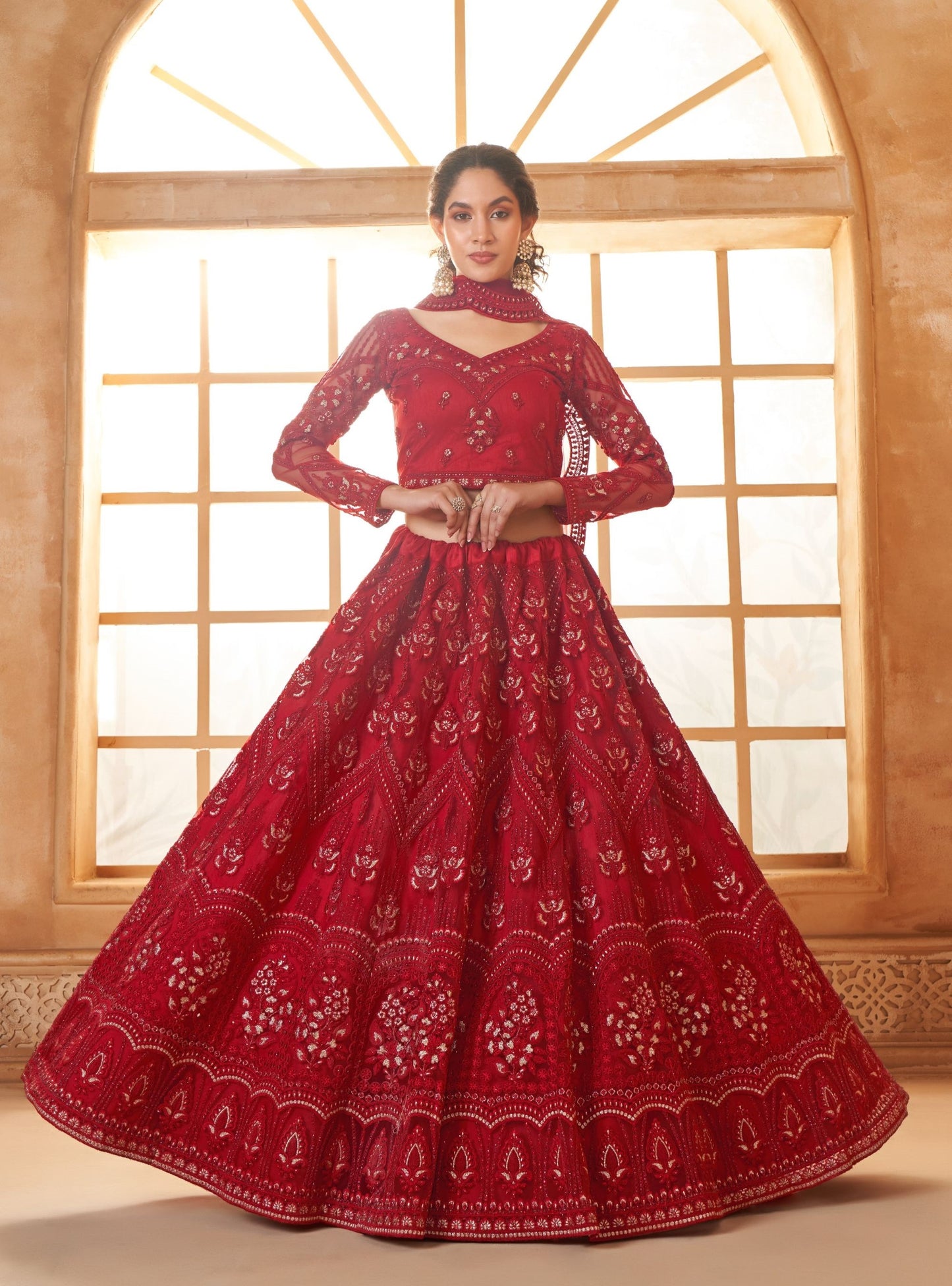 Red Soft Net Embroidered Wedding Lehenga With Diamond Work