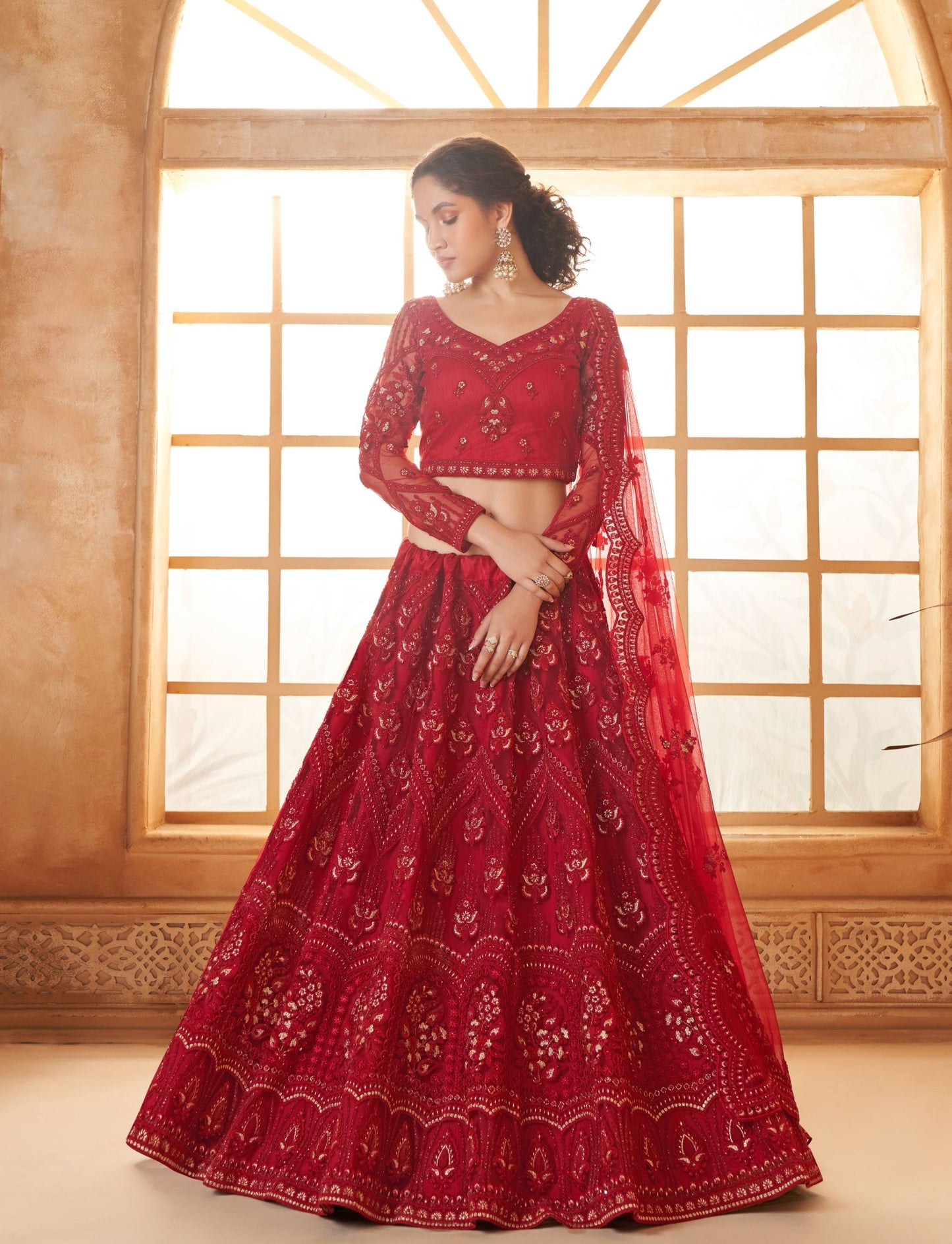 Red Soft Net Embroidered Wedding Lehenga With Diamond Work