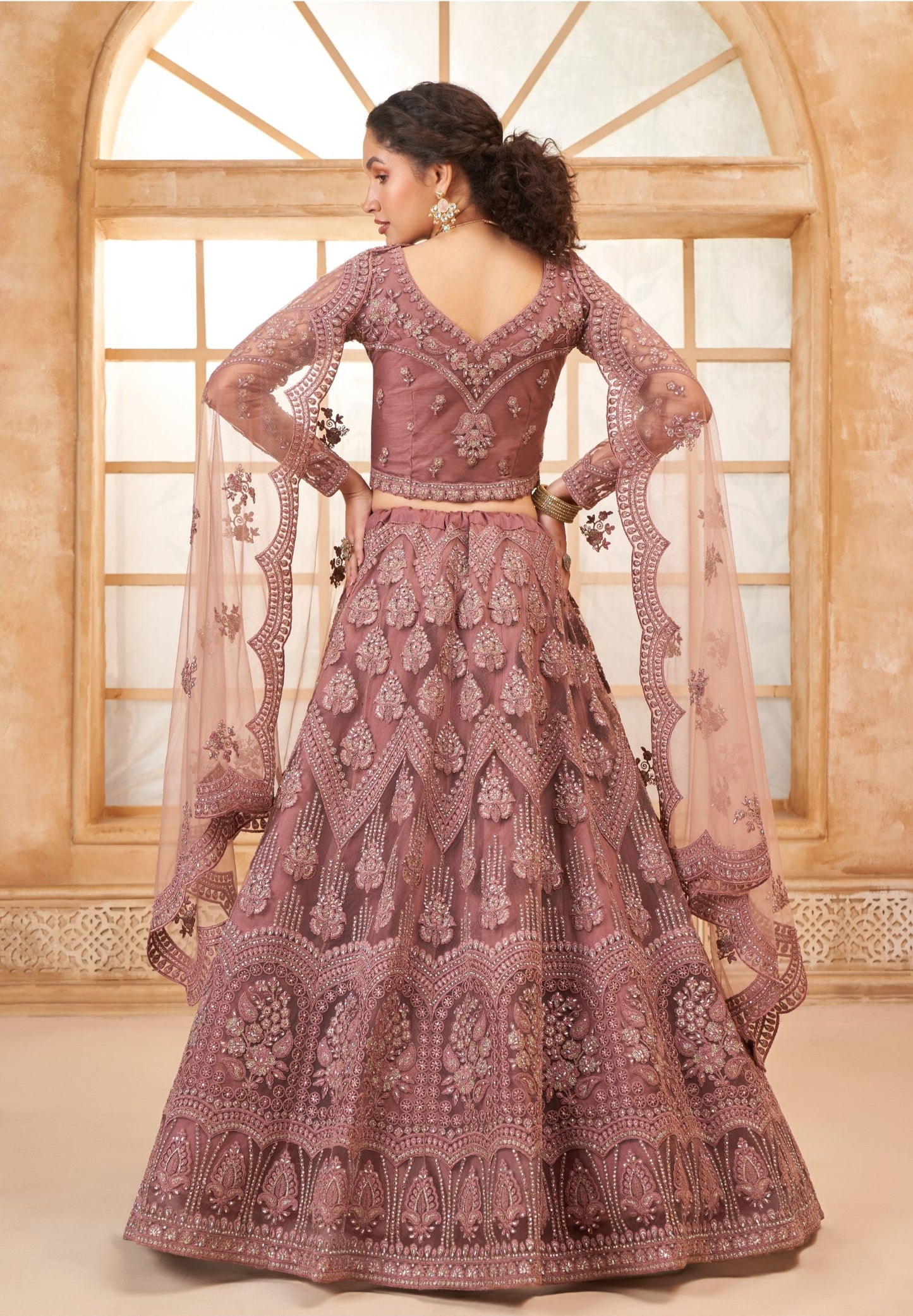 Dusty Pink Soft Net Embroidered Lehenga With Diamond Work