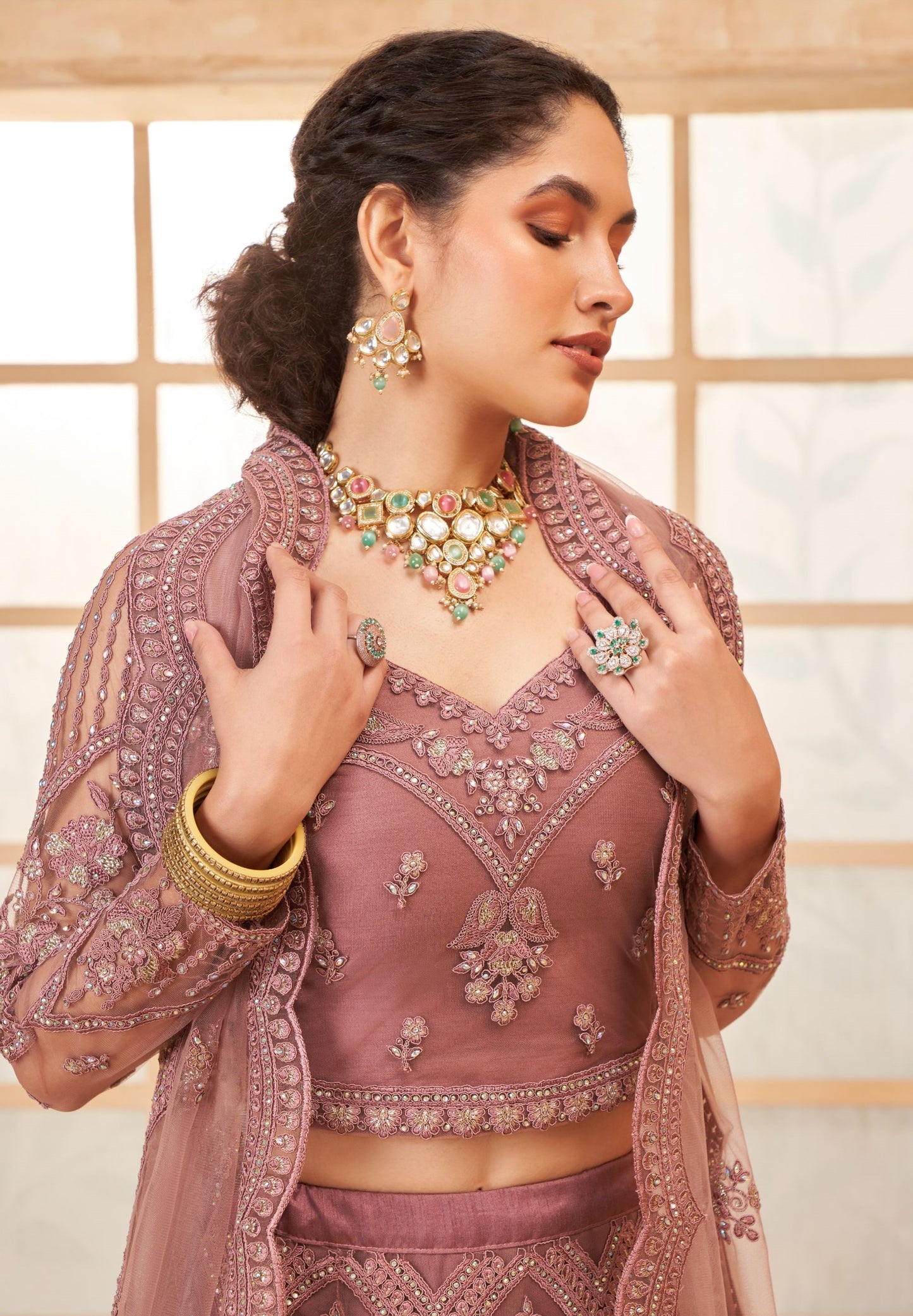 Dusty Pink Soft Net Embroidered Lehenga With Diamond Work