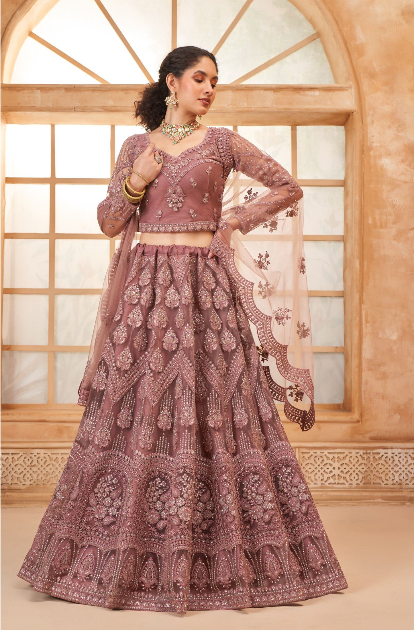 Dusty Pink Soft Net Embroidered Lehenga With Diamond Work