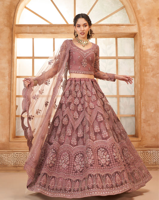 Dusty Pink Soft Net Embroidered Lehenga With Diamond Work