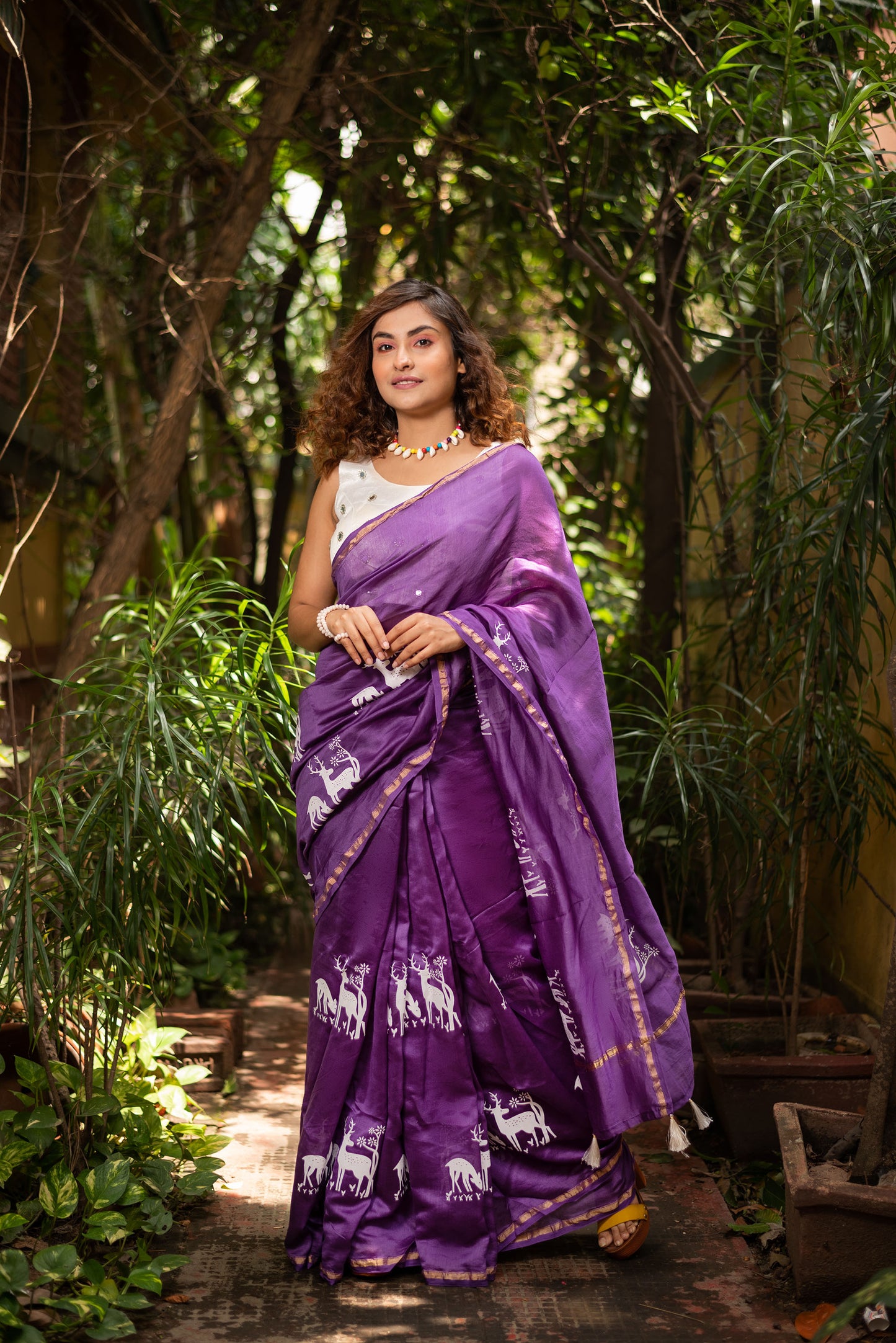 Purple chanderi silk saree with ethnic deer motif