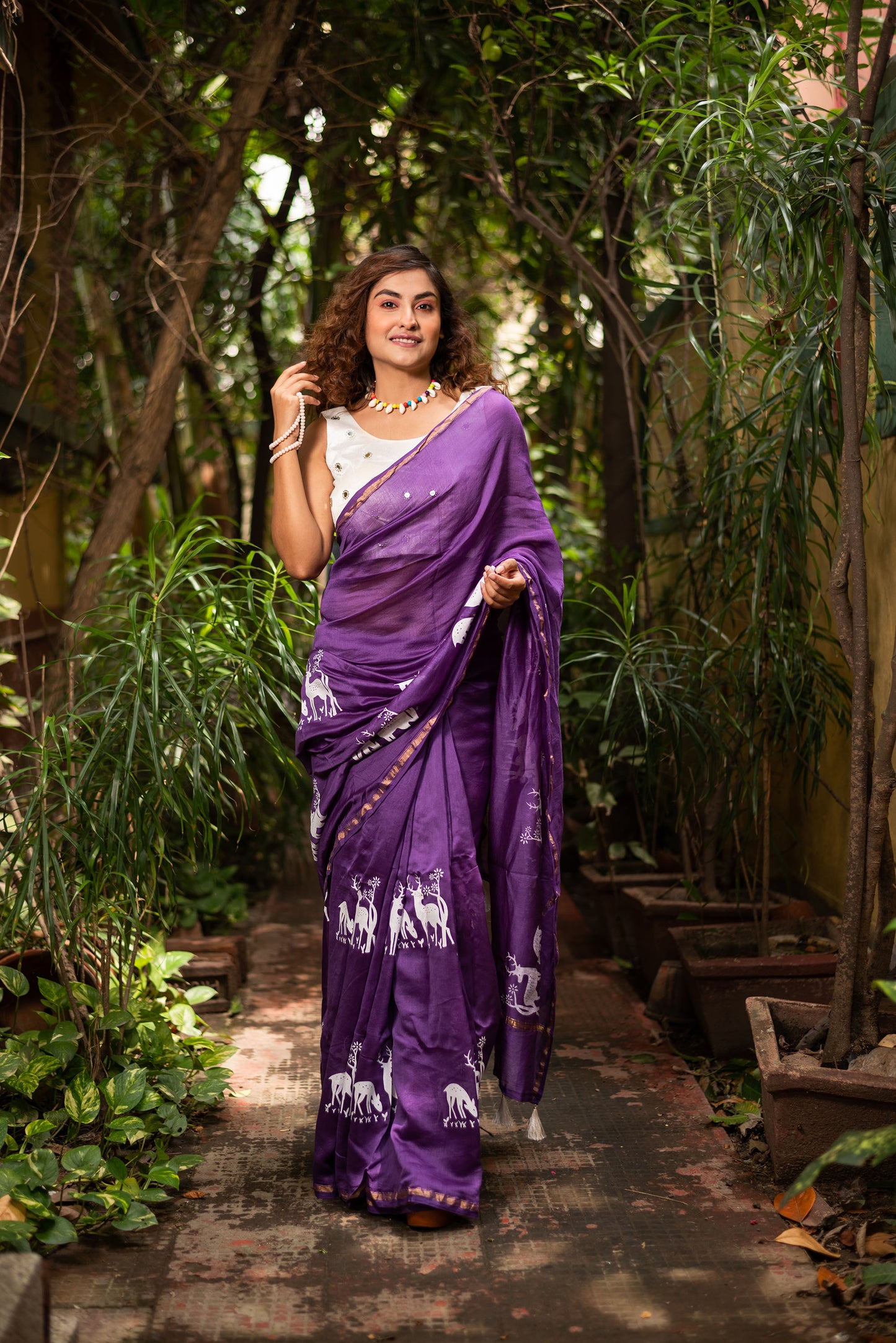 Purple chanderi silk saree with ethnic deer motif