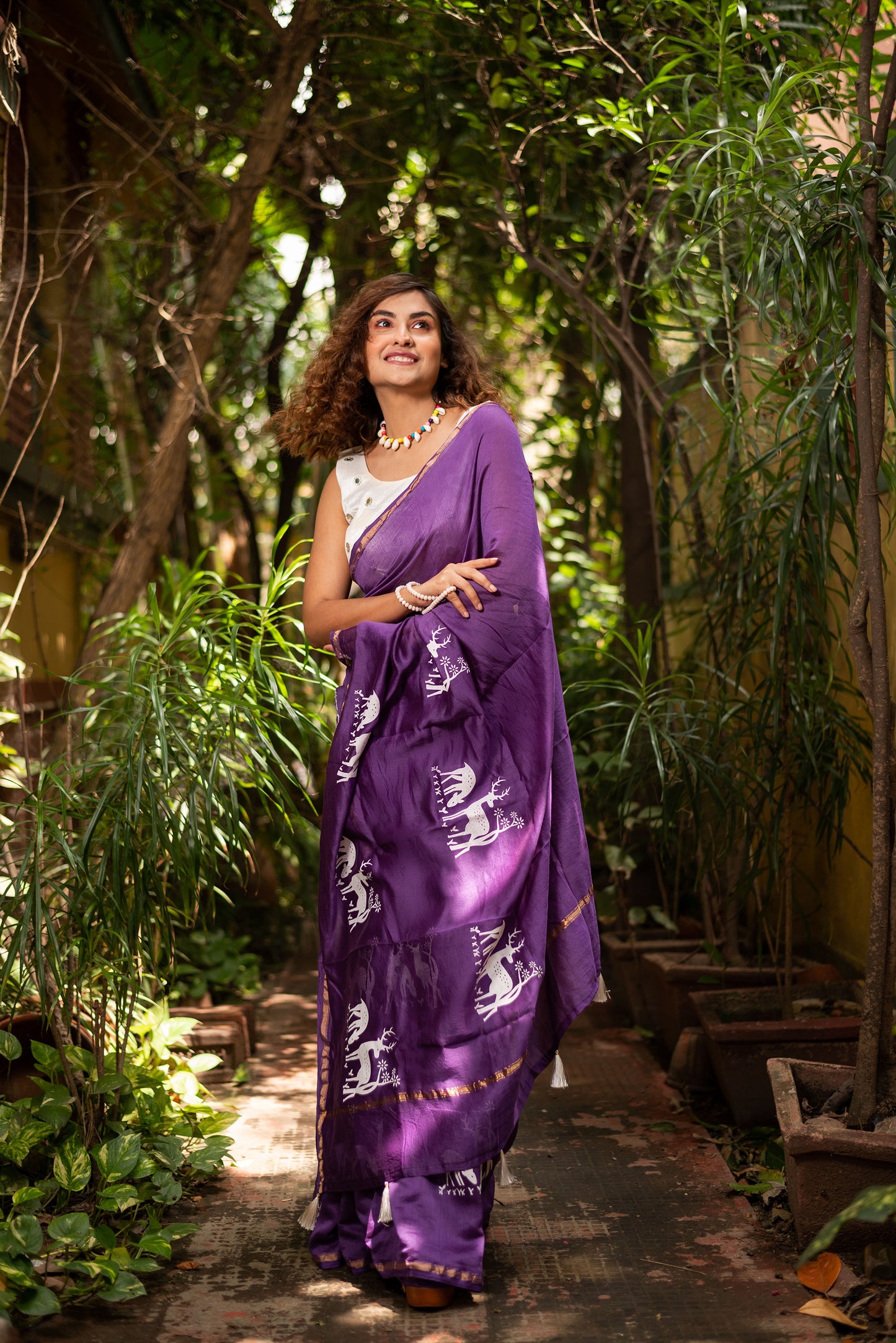 Purple chanderi silk saree with ethnic deer motif