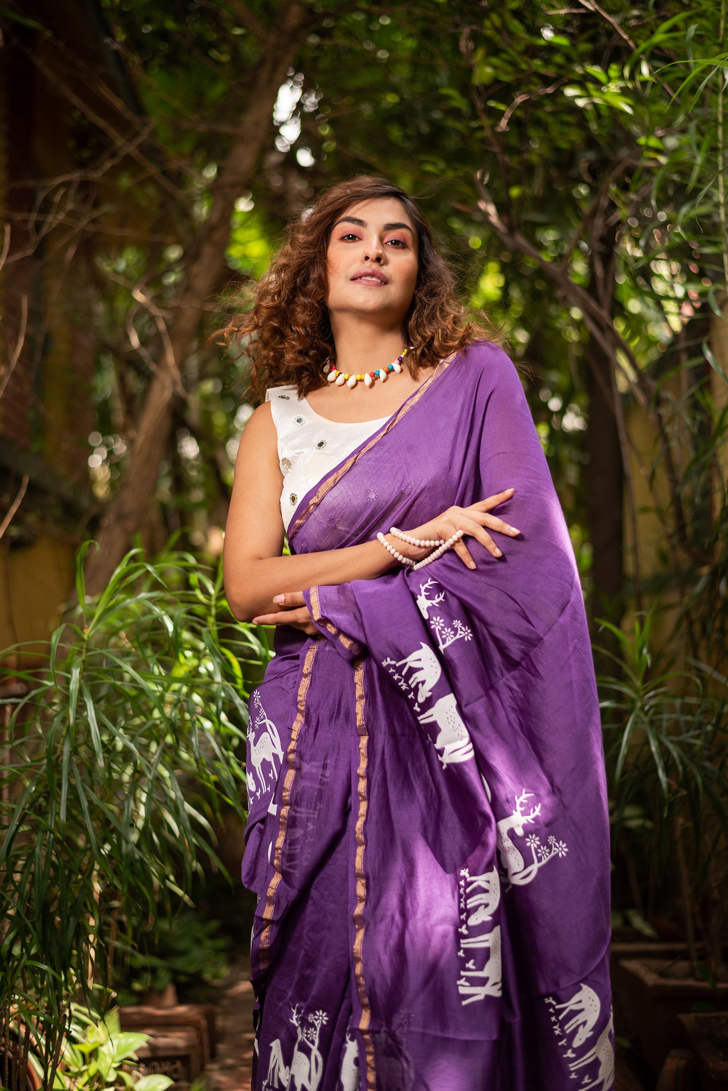 Purple chanderi silk saree with ethnic deer motif