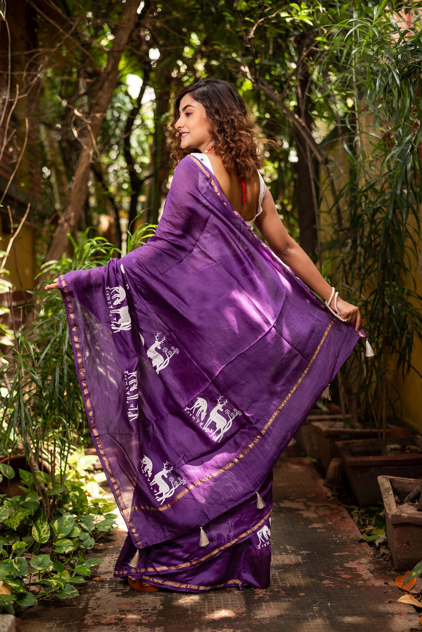 Purple chanderi silk saree with ethnic deer motif