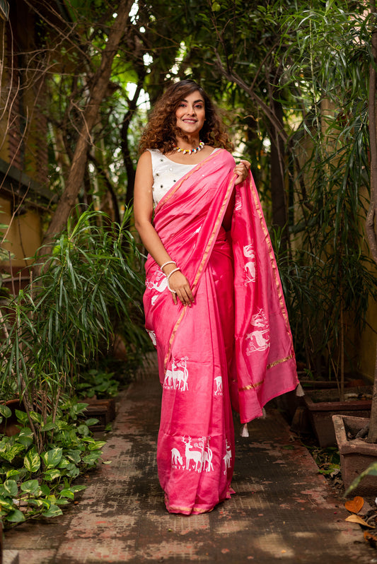 Pink chanderi silk saree with ethnic deer motif