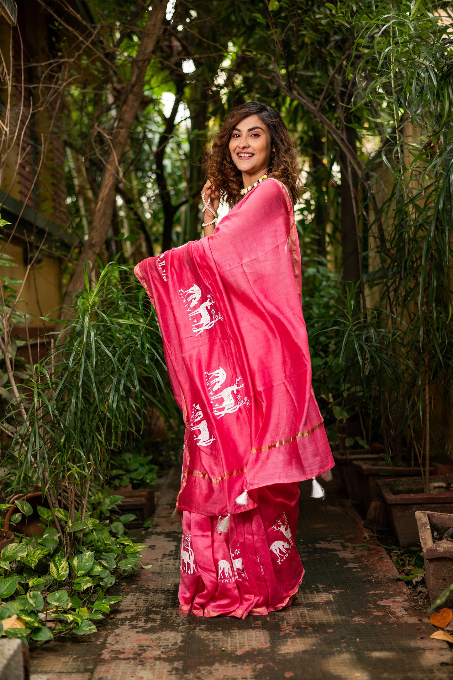 Pink chanderi silk saree with ethnic deer motif