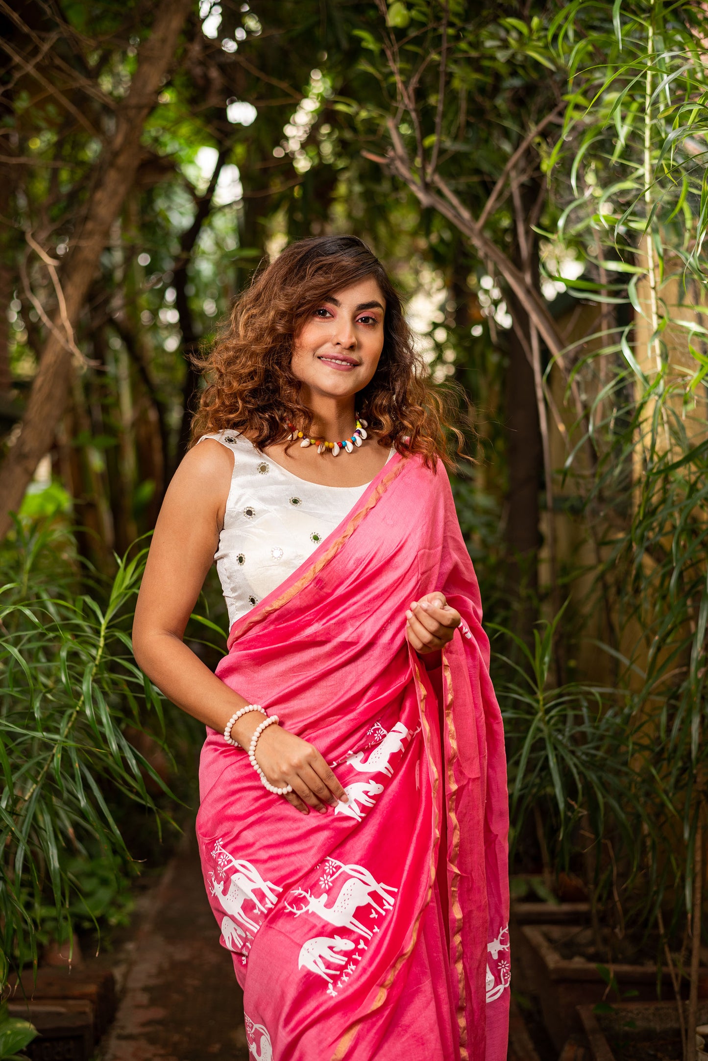 Pink chanderi silk saree with ethnic deer motif