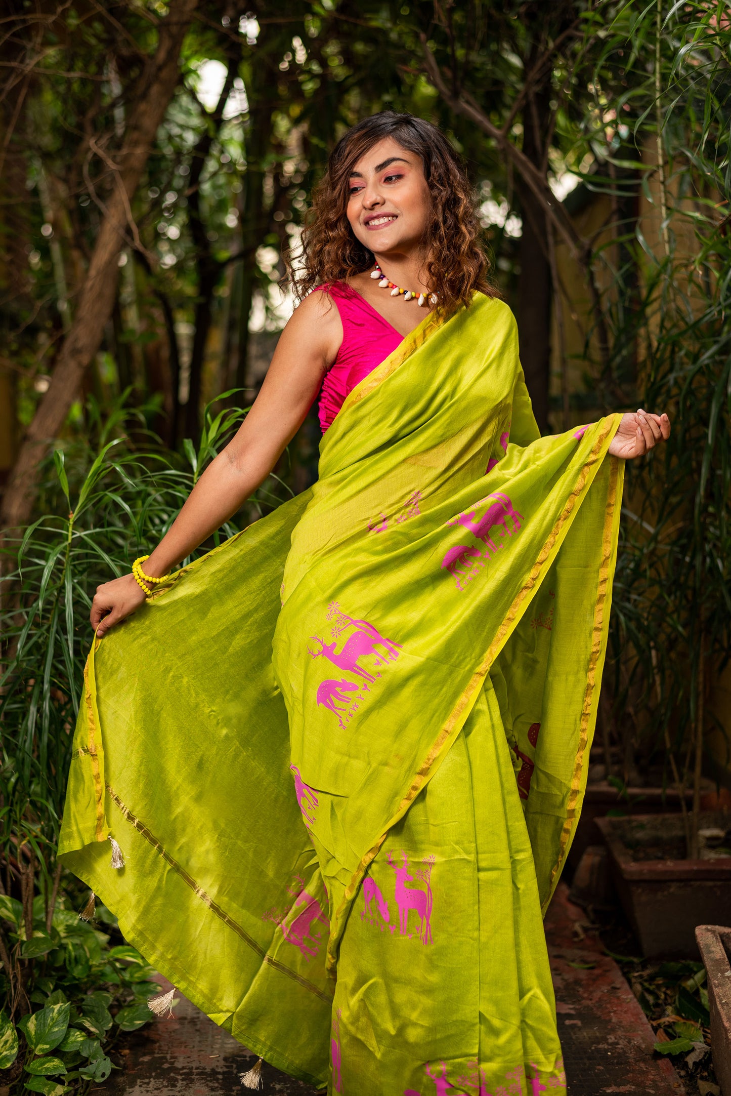 Green chanderi silk saree with ethnic deer motif