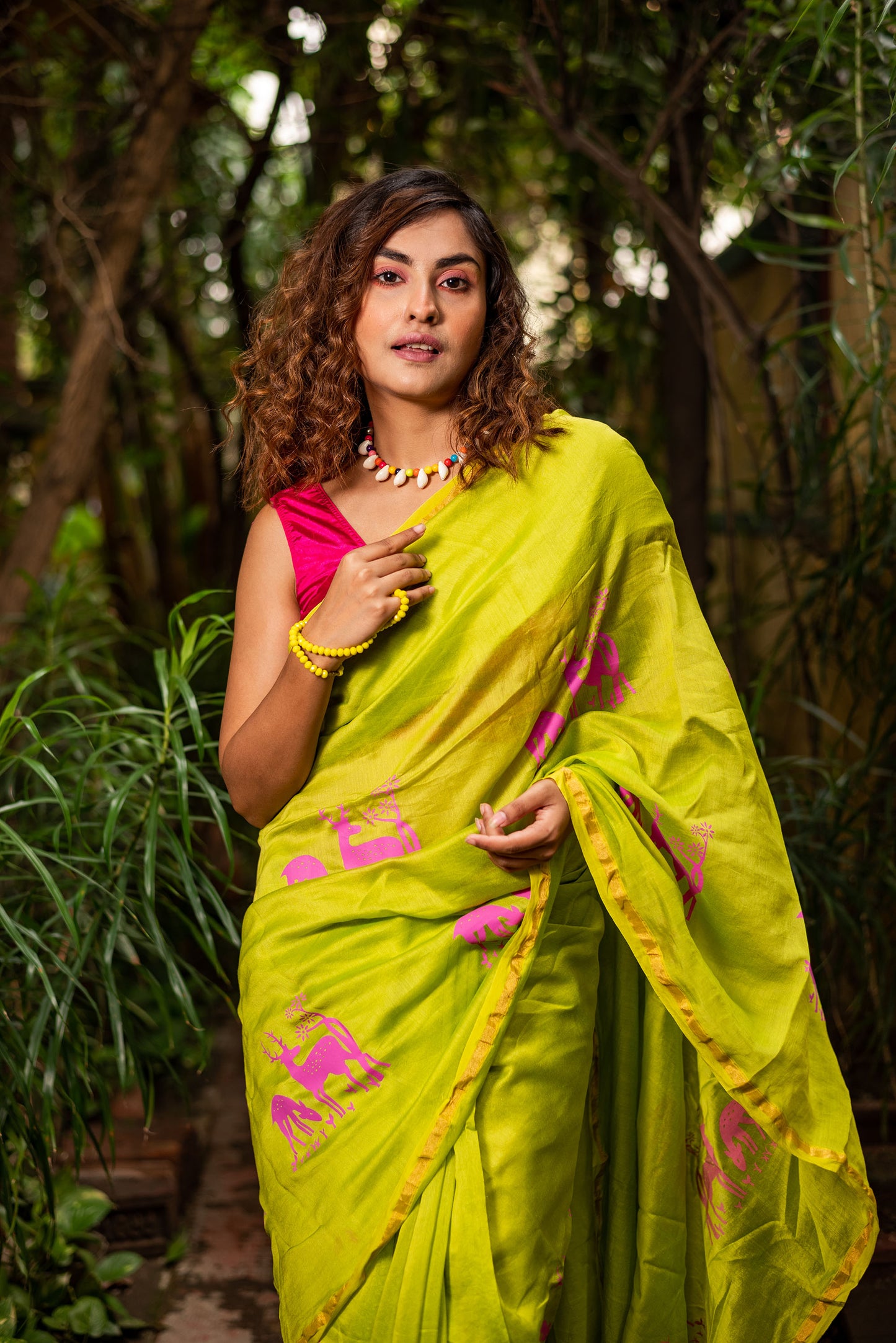 Green chanderi silk saree with ethnic deer motif