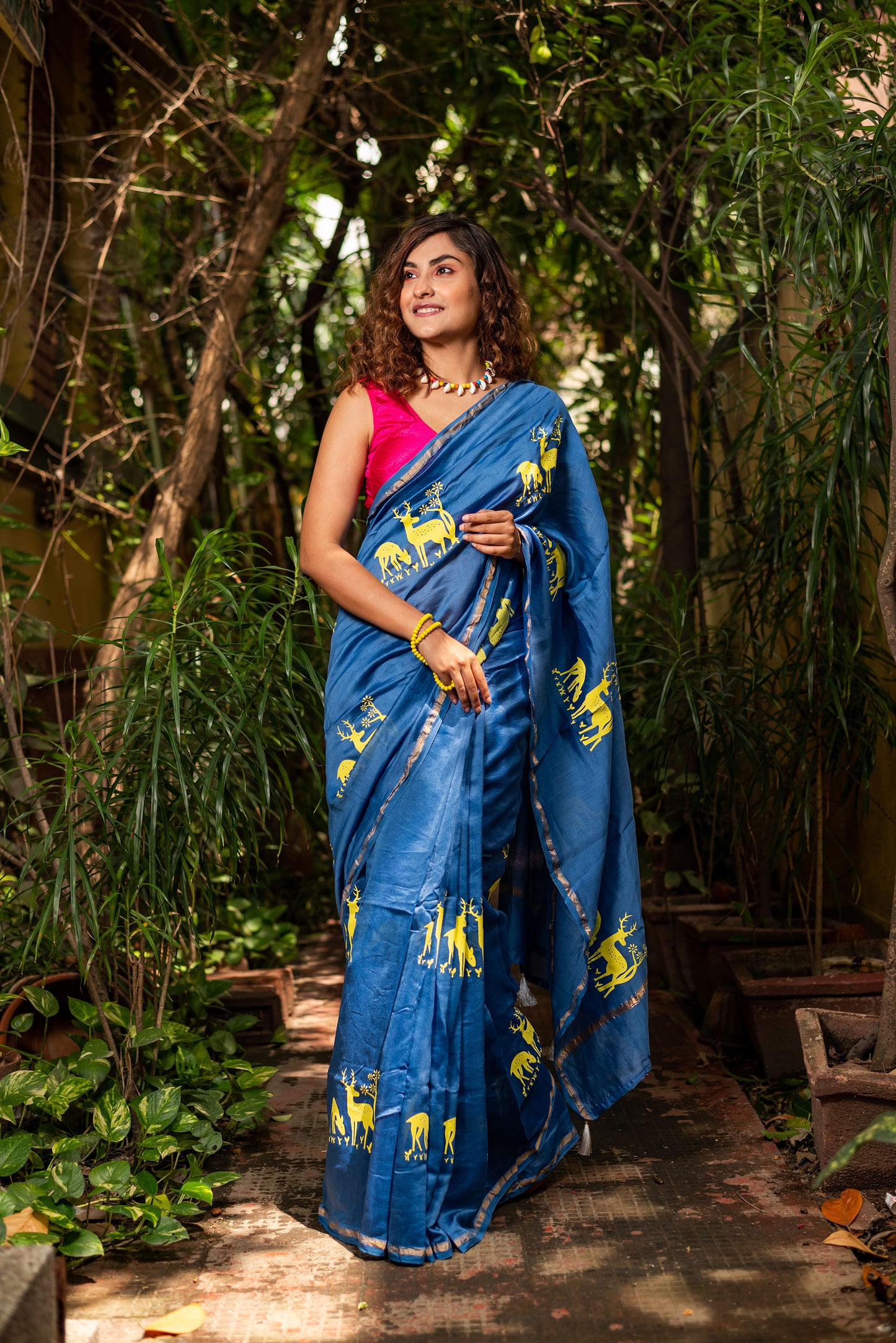 Blue chanderi silk saree with ethnic deer motif