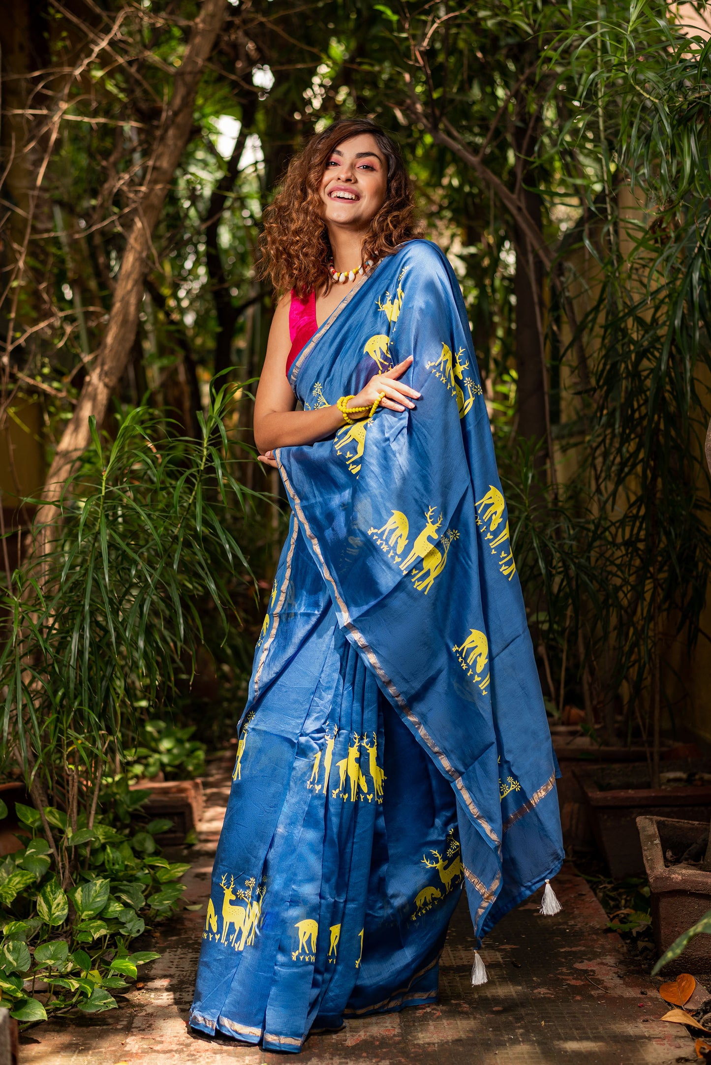 Blue chanderi silk saree with ethnic deer motif