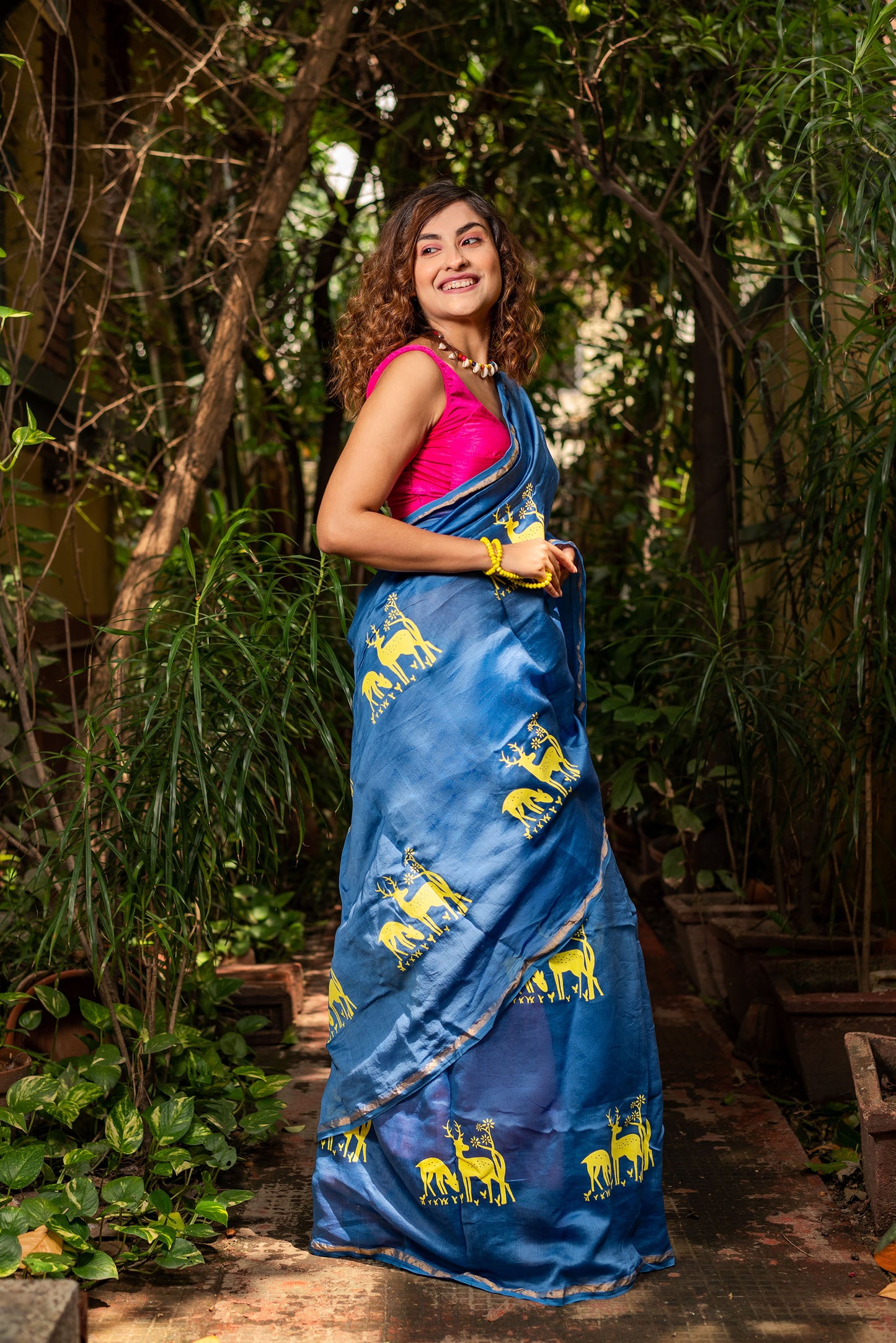 Blue chanderi silk saree with ethnic deer motif