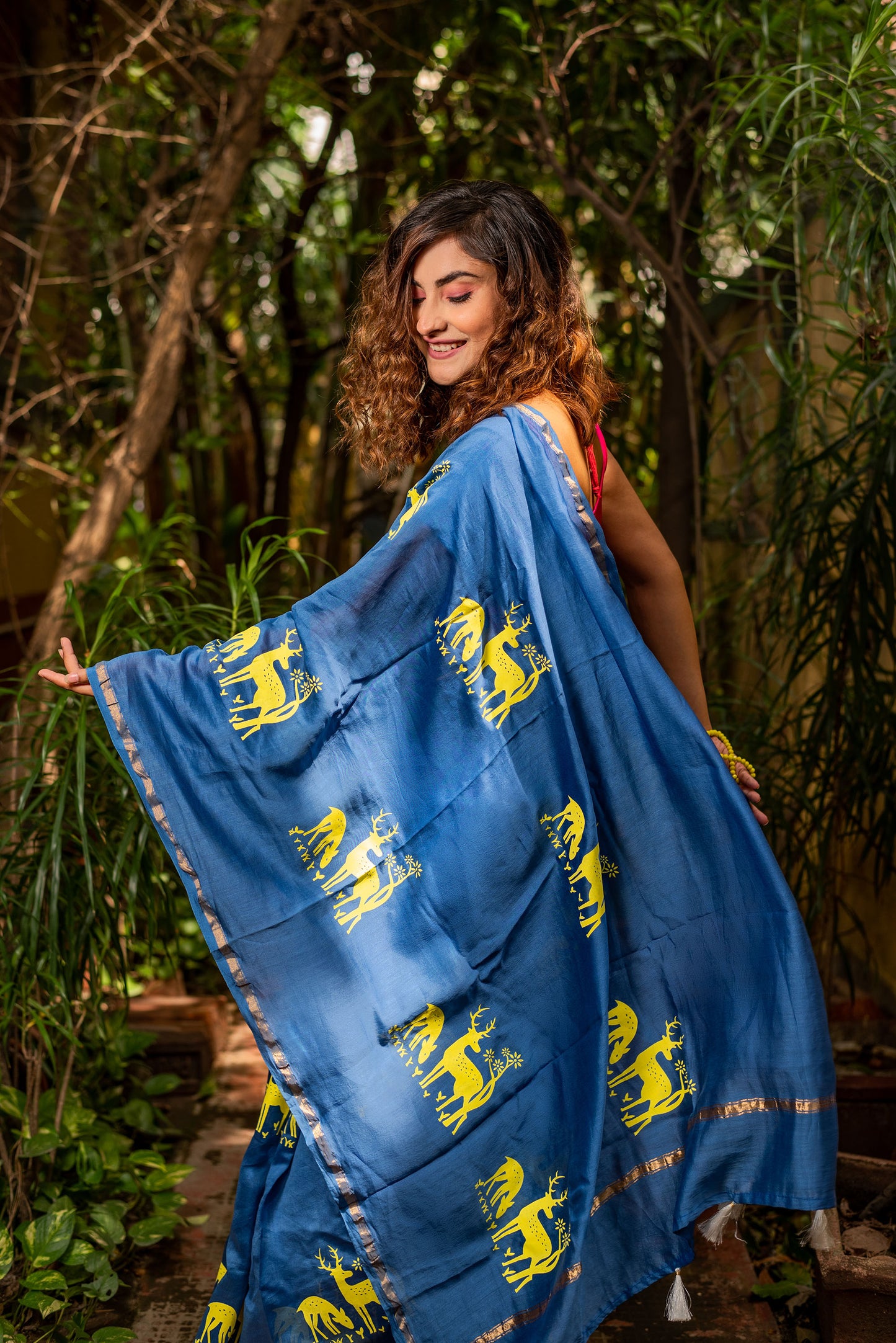 Blue chanderi silk saree with ethnic deer motif