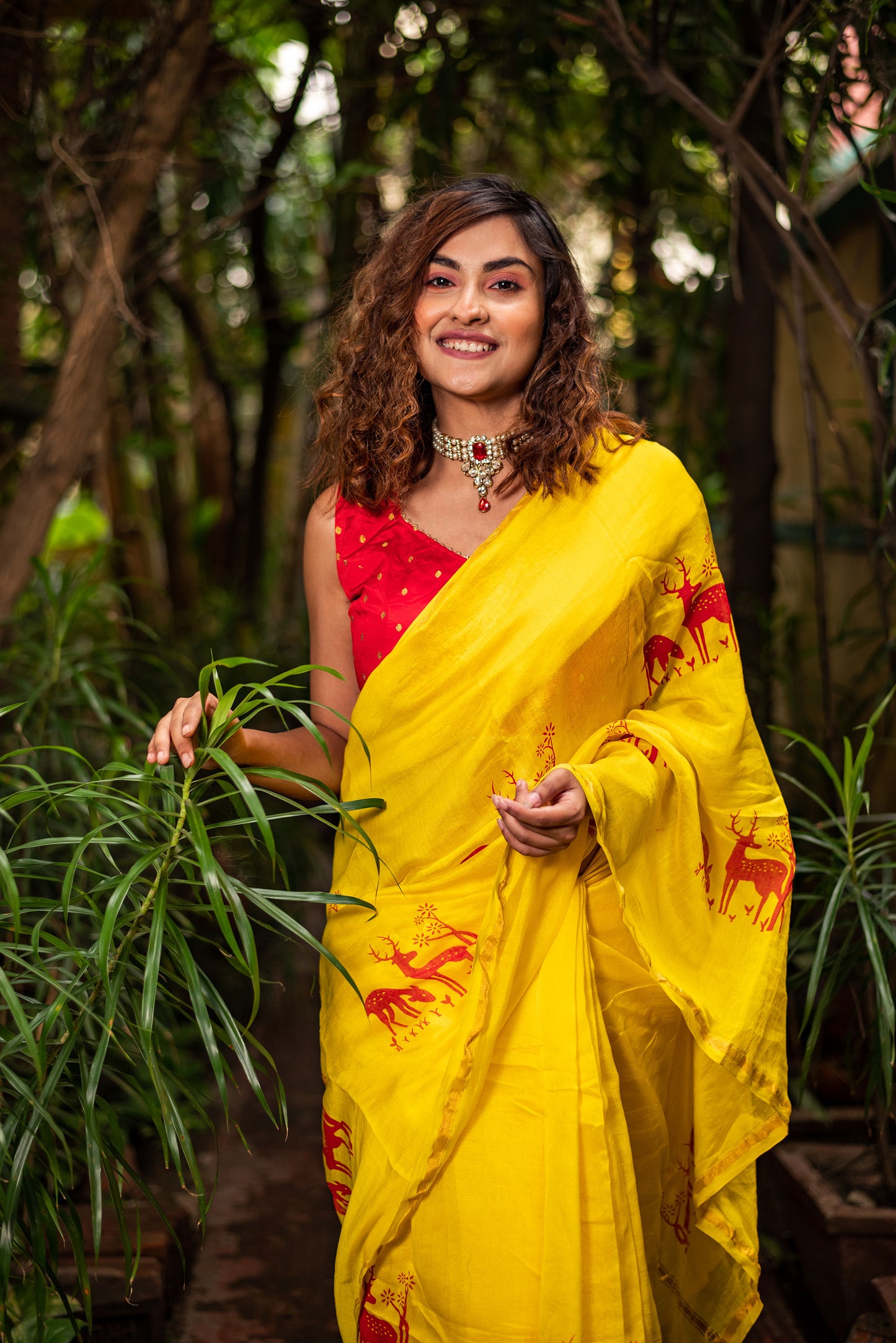 Yellow chanderi silk saree with ethnic deer motif