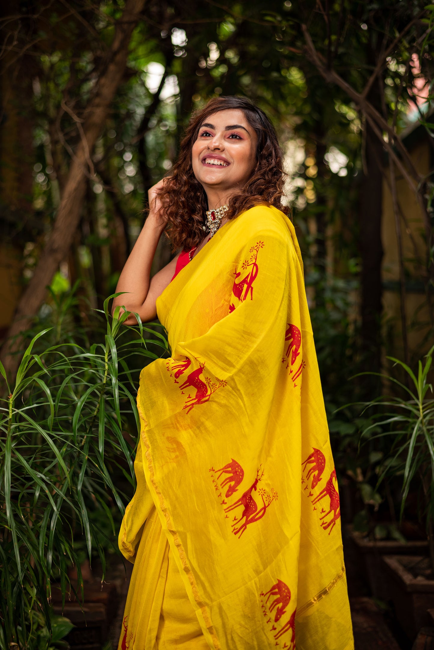 Yellow chanderi silk saree with ethnic deer motif