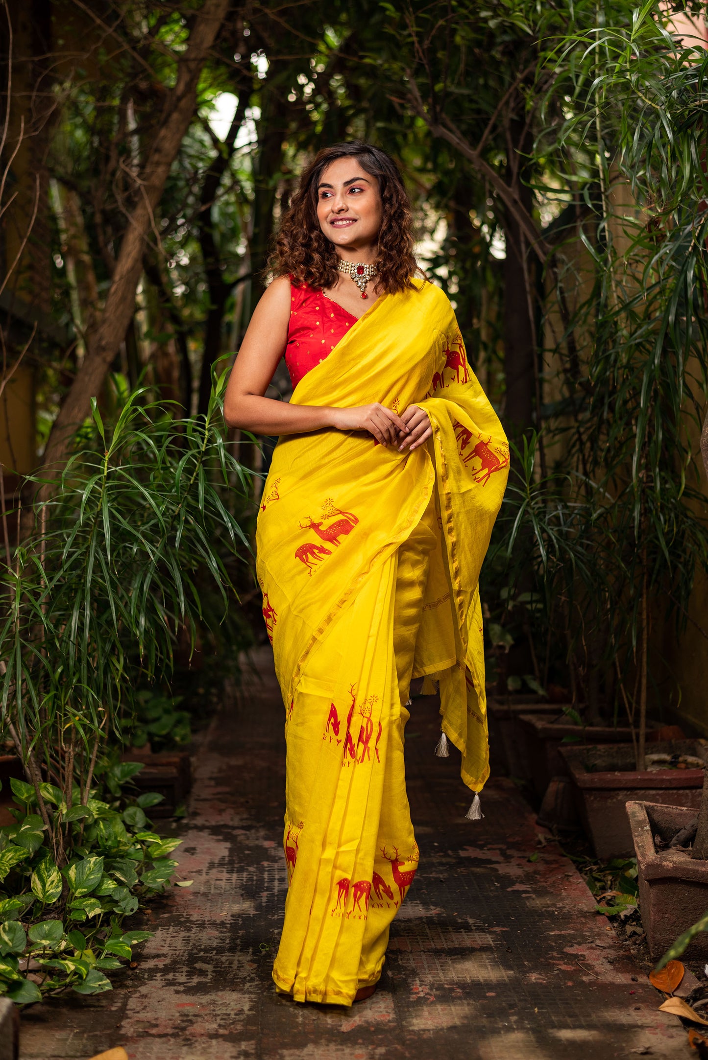 Yellow chanderi silk saree with ethnic deer motif