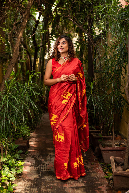 Red chanderi silk saree with ethnic deer motif