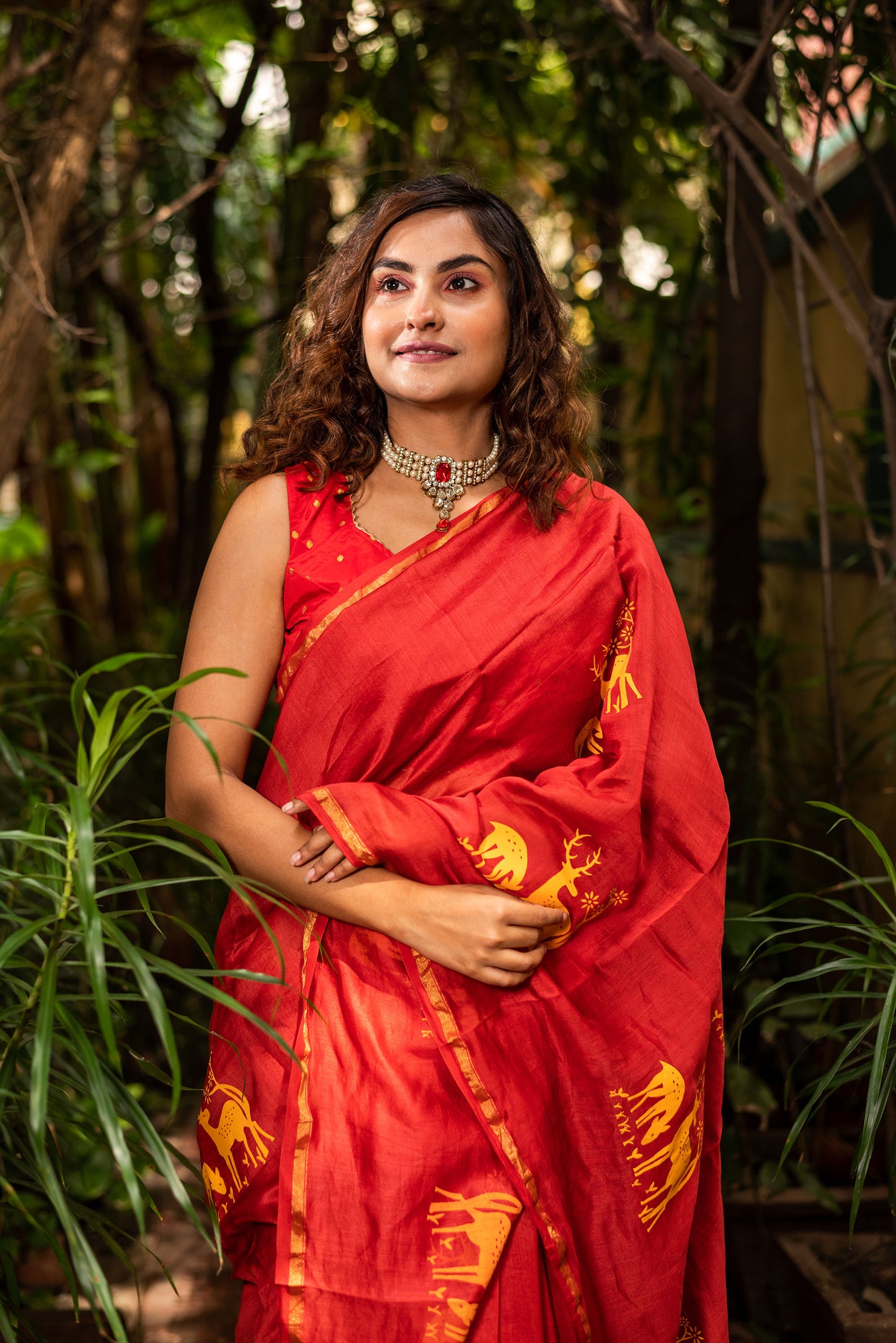 Red chanderi silk saree with ethnic deer motif