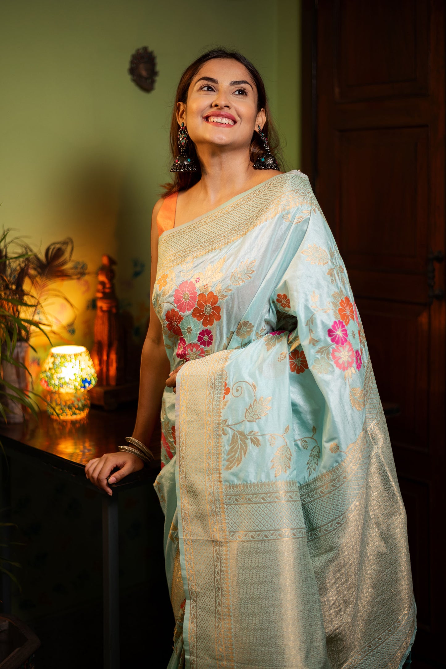 Light Blue floral viscose silk saree