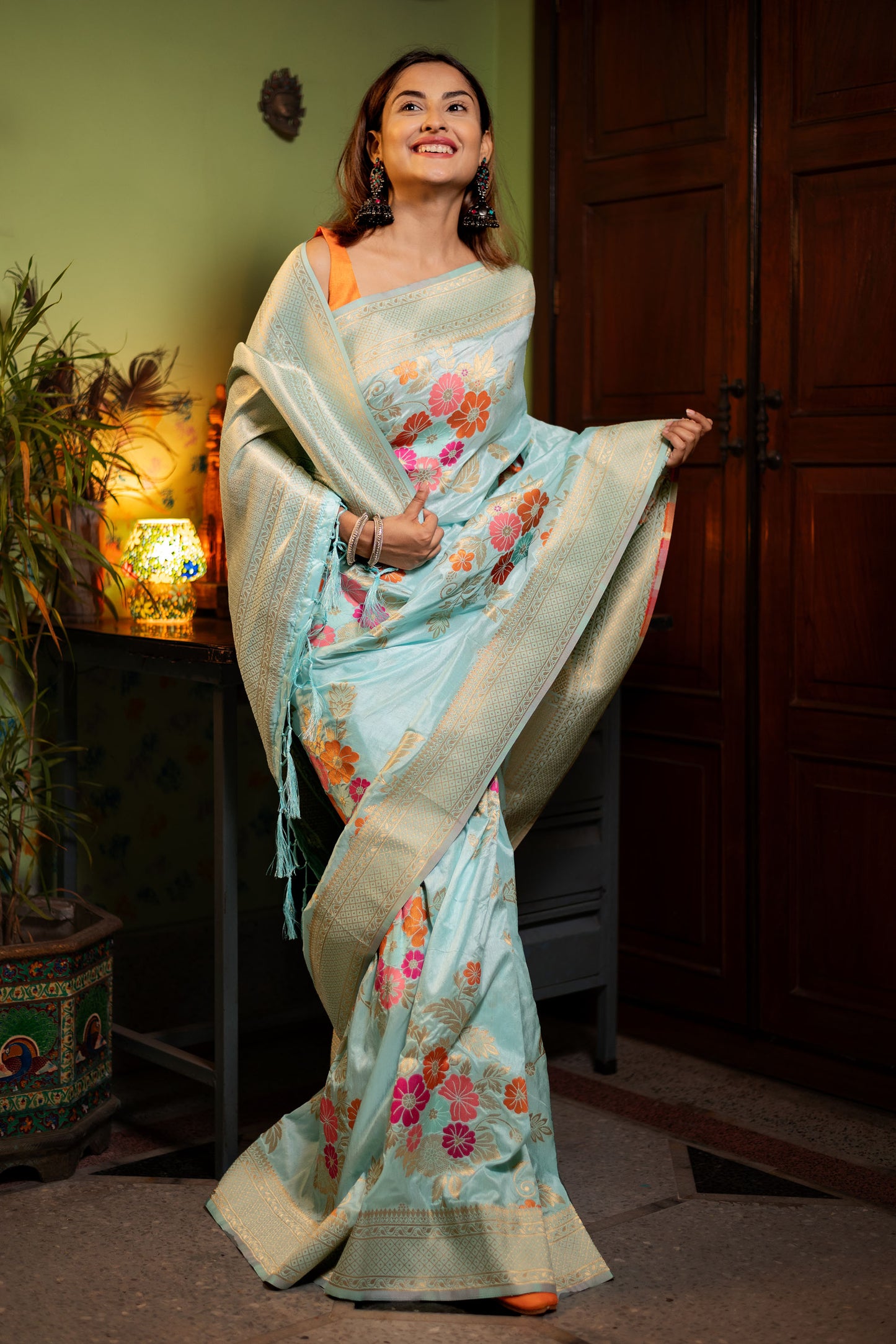 Light Blue floral viscose silk saree