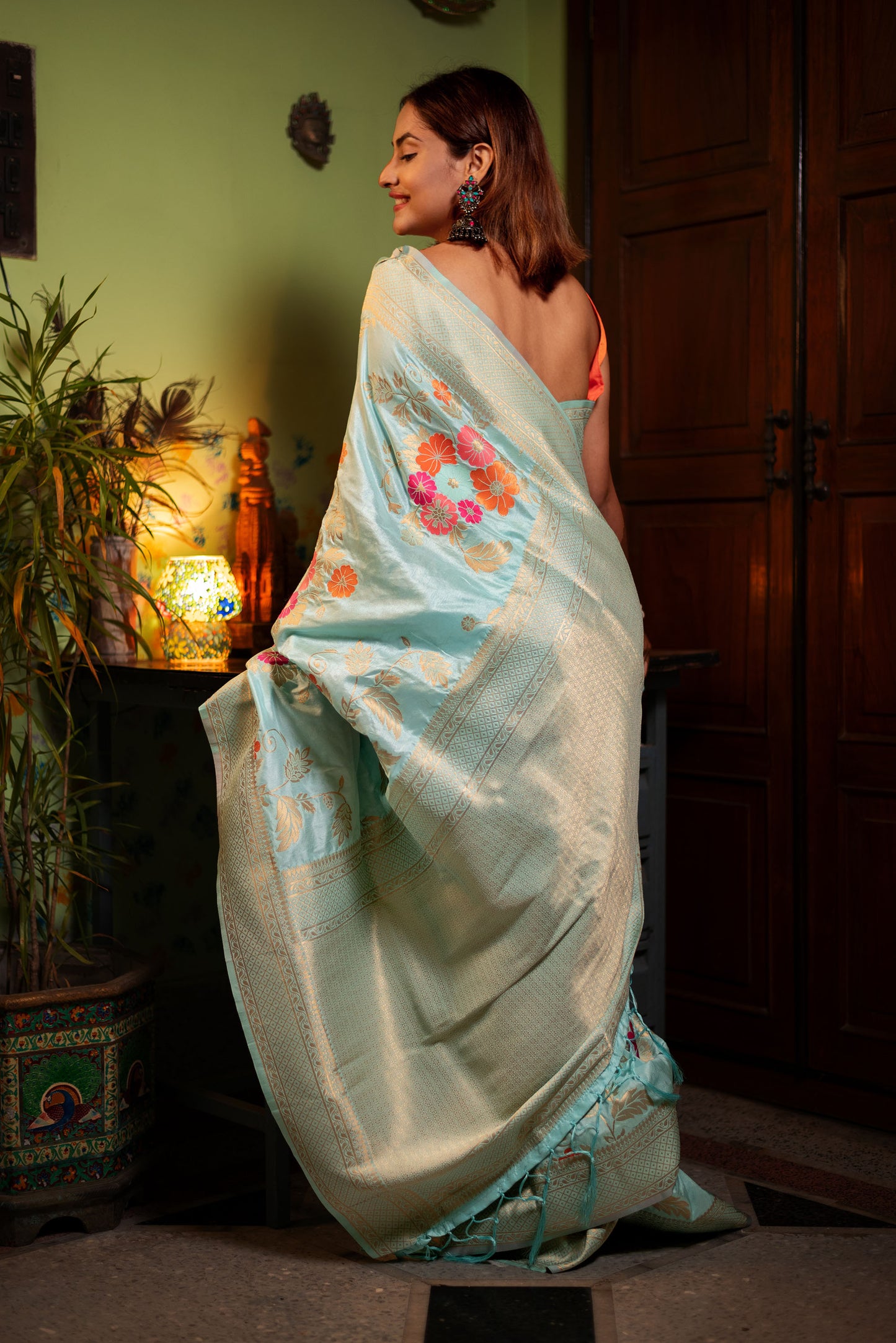 Light Blue floral viscose silk saree