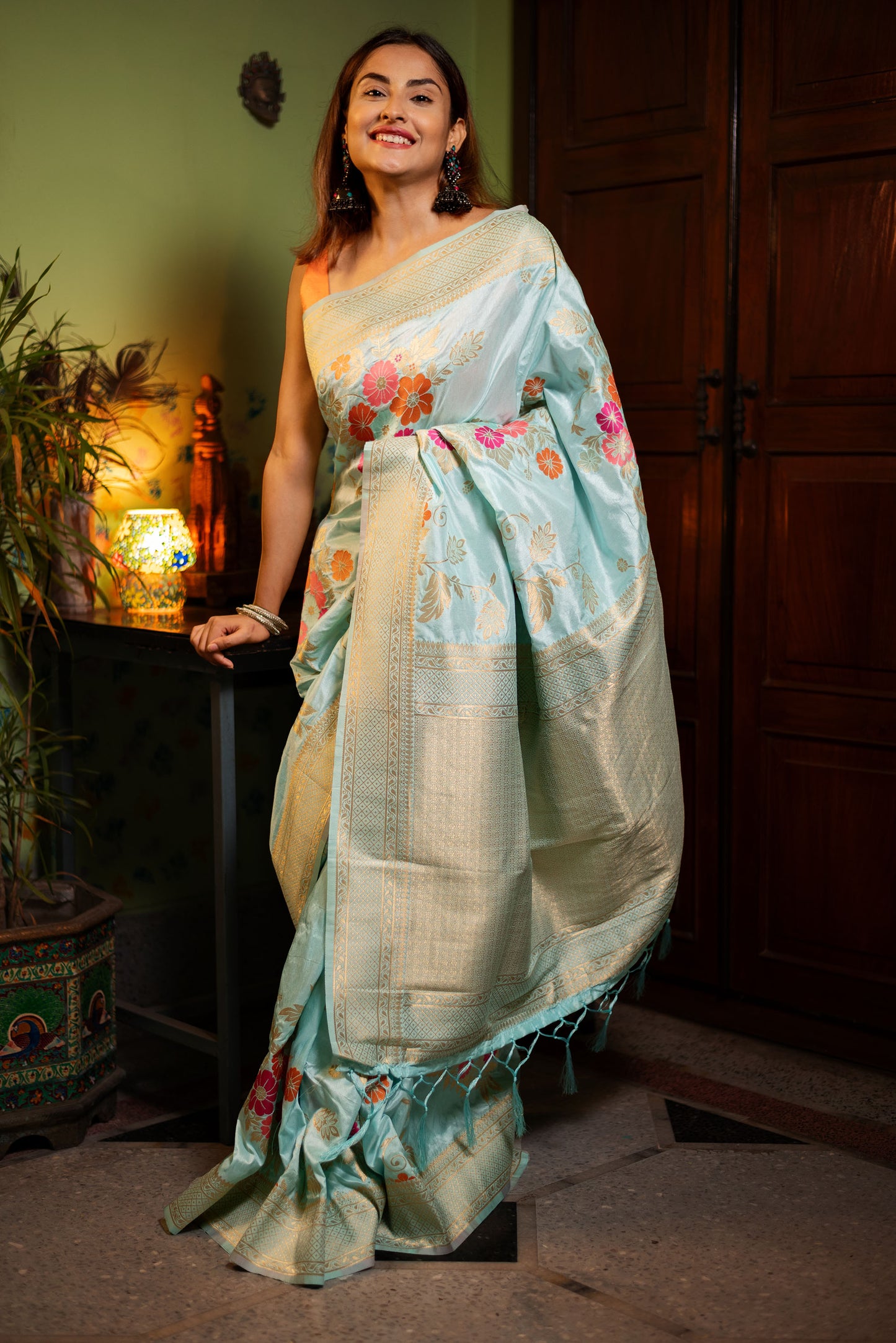 Light Blue floral viscose silk saree