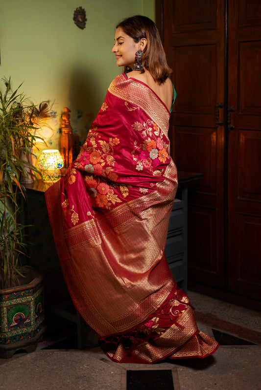 Red floral viscose silk Powerloom saree