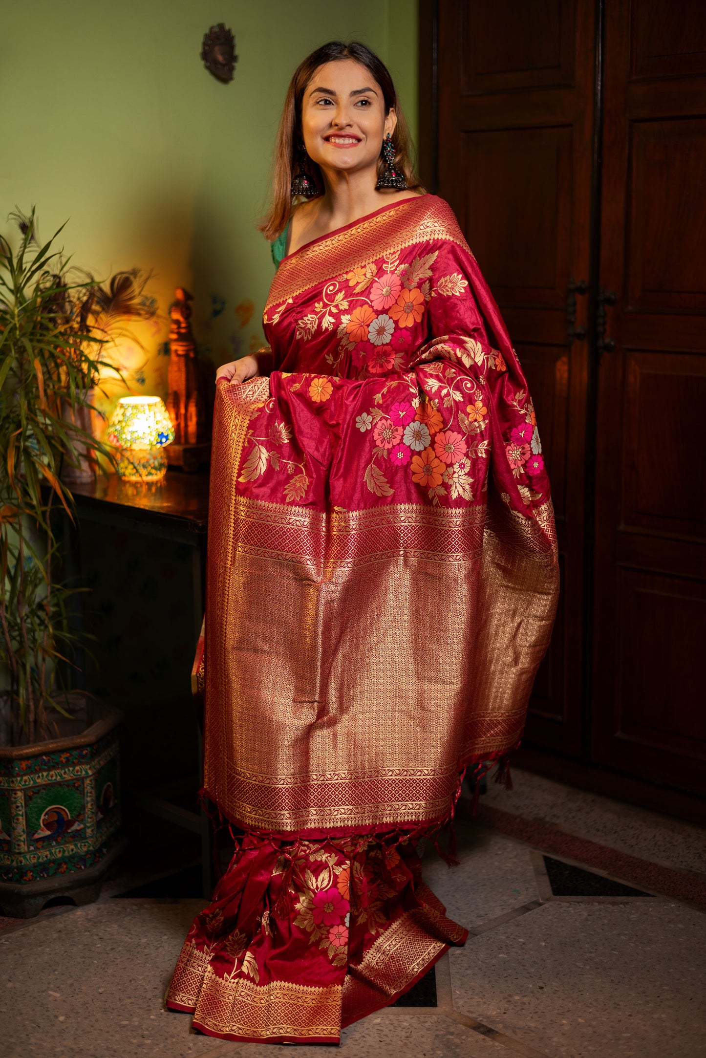 Red floral viscose silk Powerloom saree